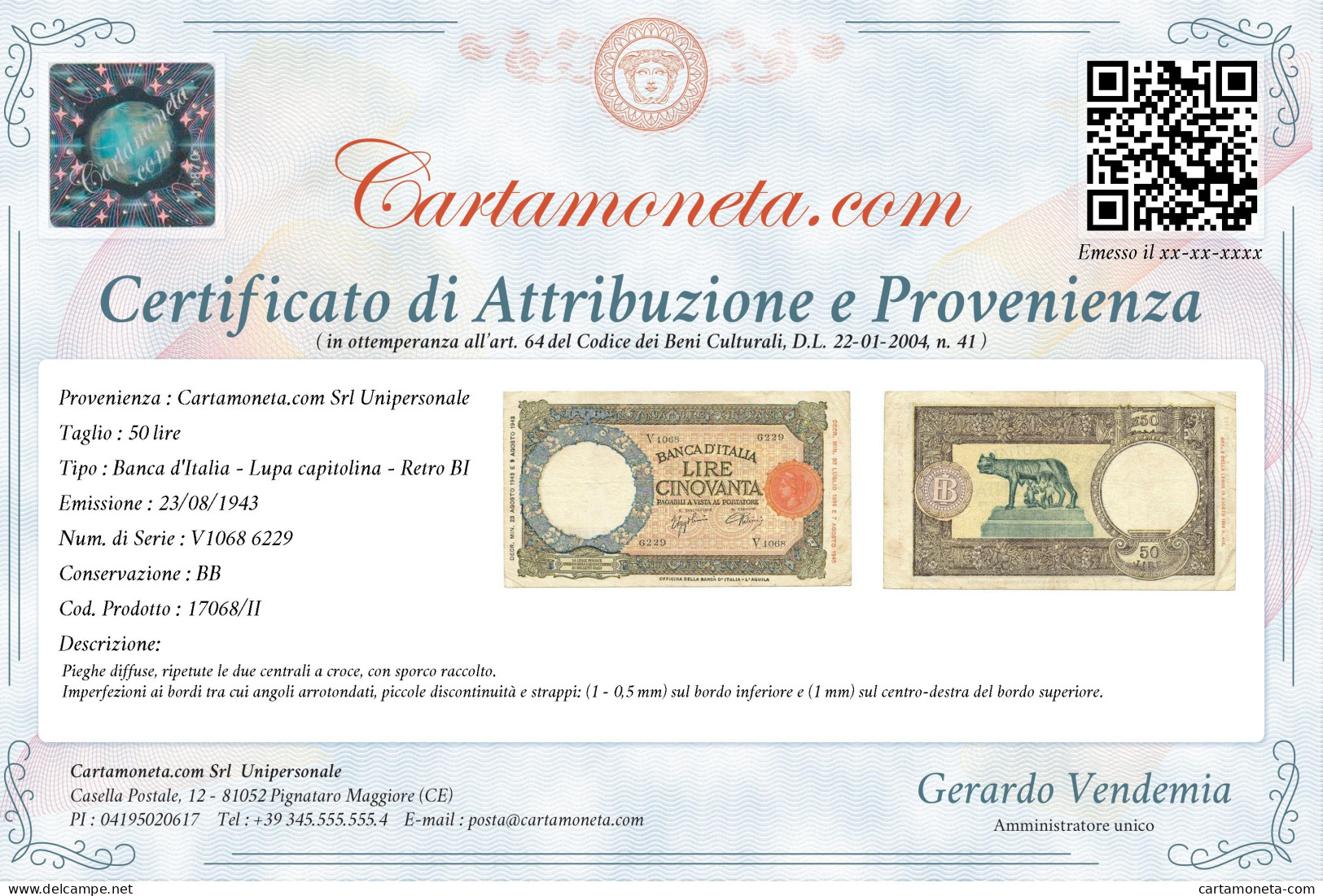 50 LIRE CAPRANESI LUPA CAPITOLINA M. STRETTO BI L'AQUILA 23/08/1943 BB - Regno D'Italia – Other