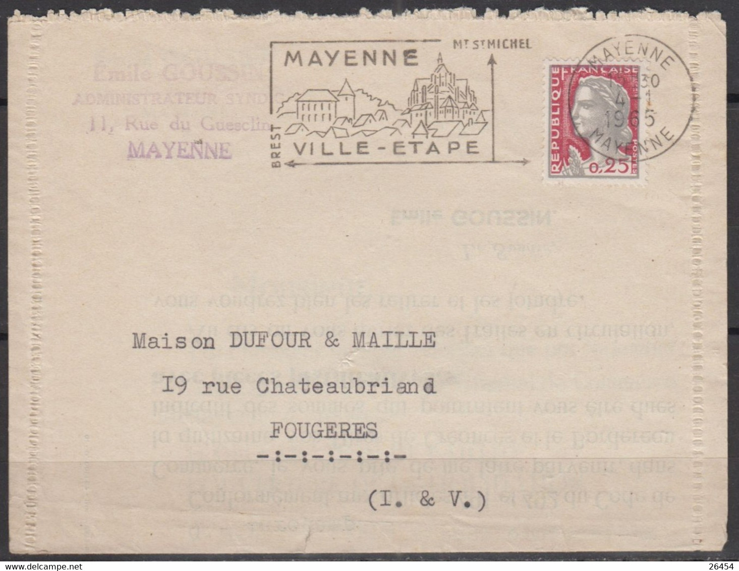 Mne De Decaris 25c  Sur  Courrier " Ouverture De LIQUIDATION "  De 53 MAYENNE  Le 4 1 1965  Pour 35 FOUGERES - 1960 Maríanne De Decaris