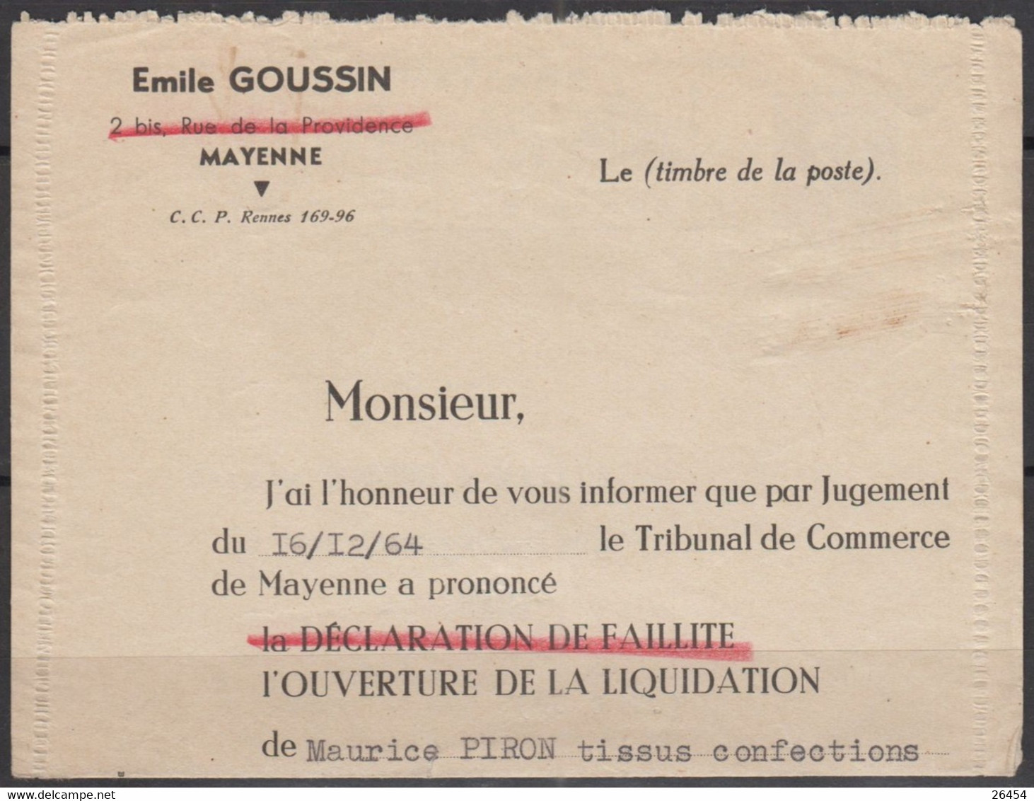 Mne De Decaris 25c  Sur  Courrier " Ouverture De LIQUIDATION "  De 53 MAYENNE  Le 4 1 1965  Pour 35 FOUGERES - 1960 Marianna Di Decaris