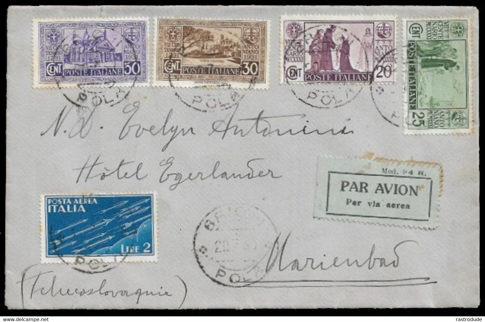 1931 ITALY ITALIA - AIRMAIL COVER  Sass. 292, 293, 294, 295, 2 Lira Airmail Sass.15 MARIENBAD (CZECHOSLOVAKIA) - Posta Aerea