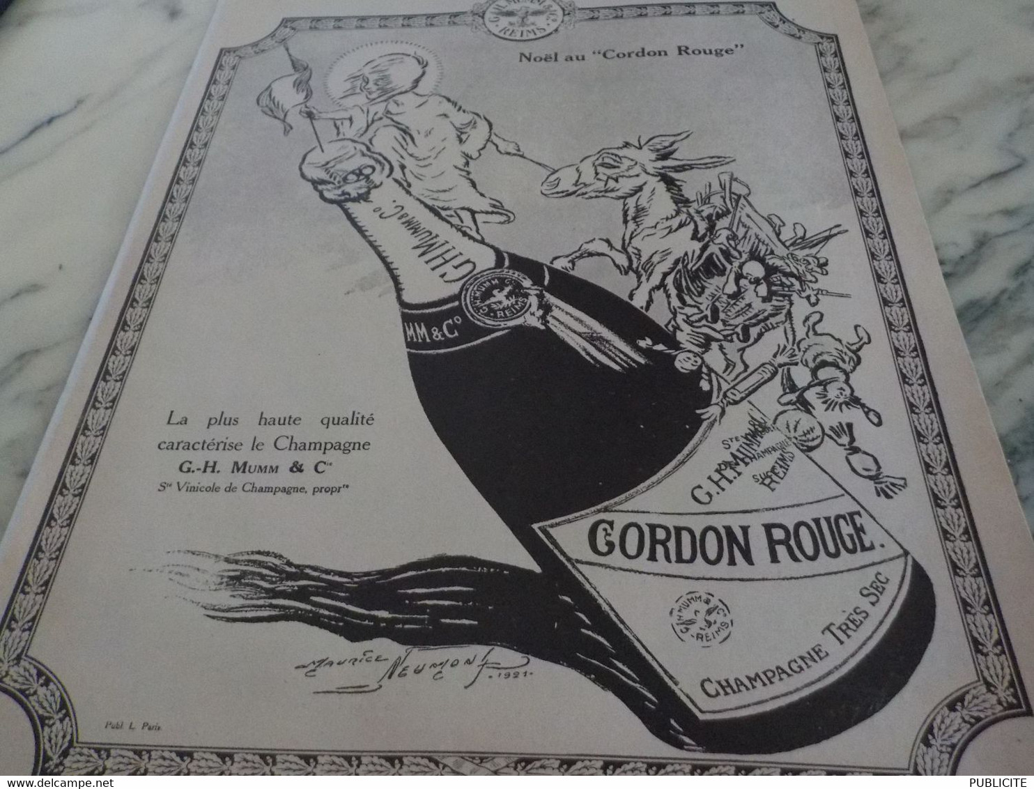 ANCIENNE PUBLICITE NOEL CHAMPAGNE CORDON ROUGE DE MUMM 1921 - Alcools