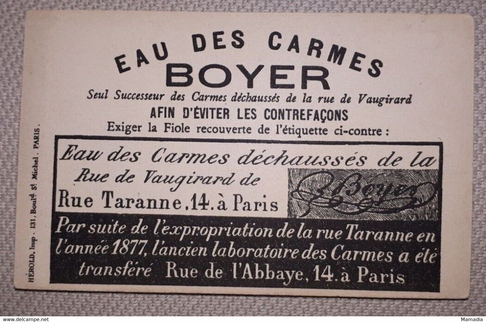 CHROMO VELO EAU DES CARMES BOYER CYCLES CYCLISME 1880-1900 - Autres & Non Classés