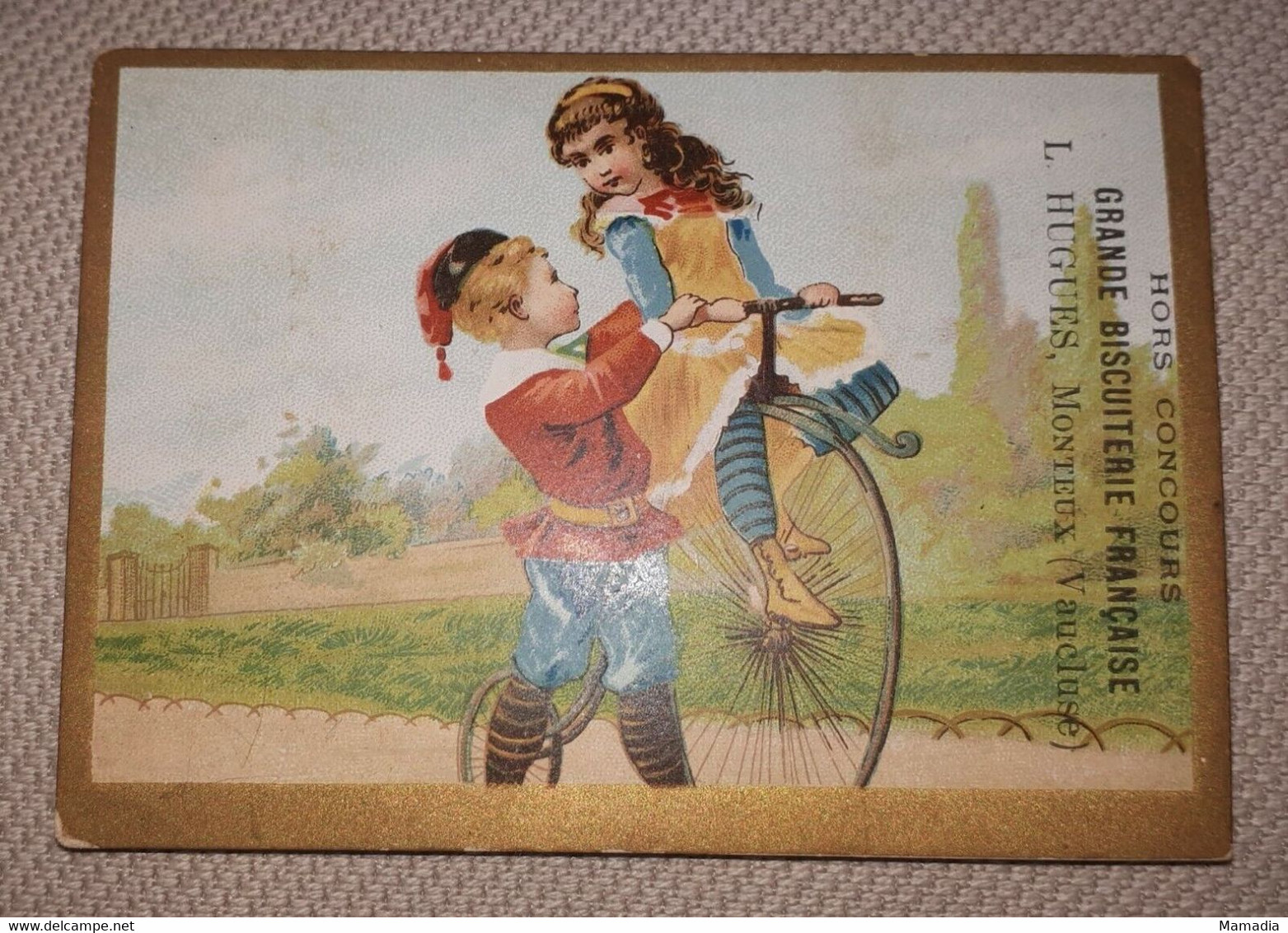 CHROMO VELO GRANDE BISCUITERIE FRANCAISE MONTEUX CYCLE CYCLISME 1880-1890 - Sonstige & Ohne Zuordnung