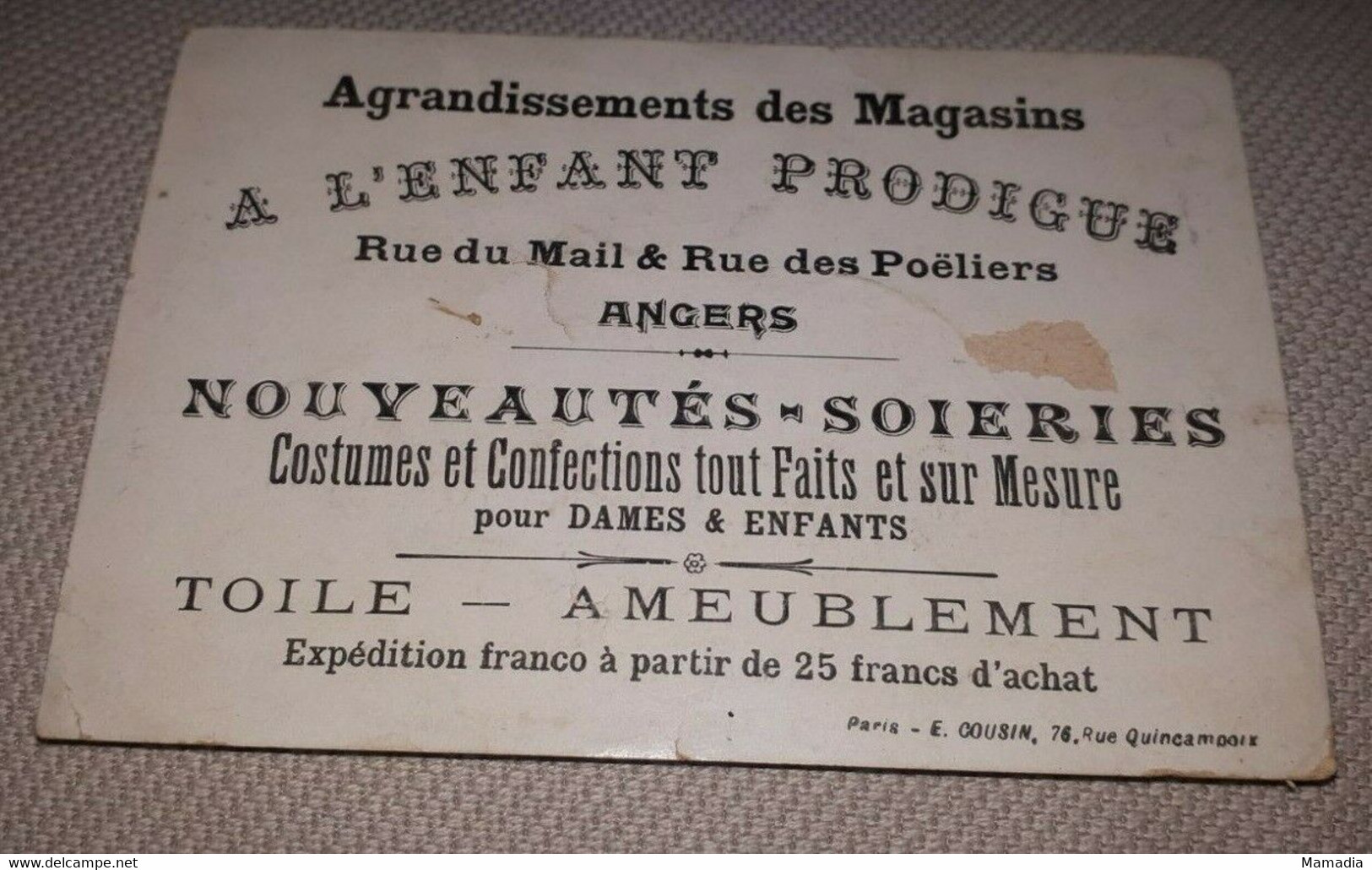 CHROMO VELO MAGASIN A L'ENFANT PRODIGUE ANGERS CYCLE CYCLISME 1880-1890 - Other & Unclassified