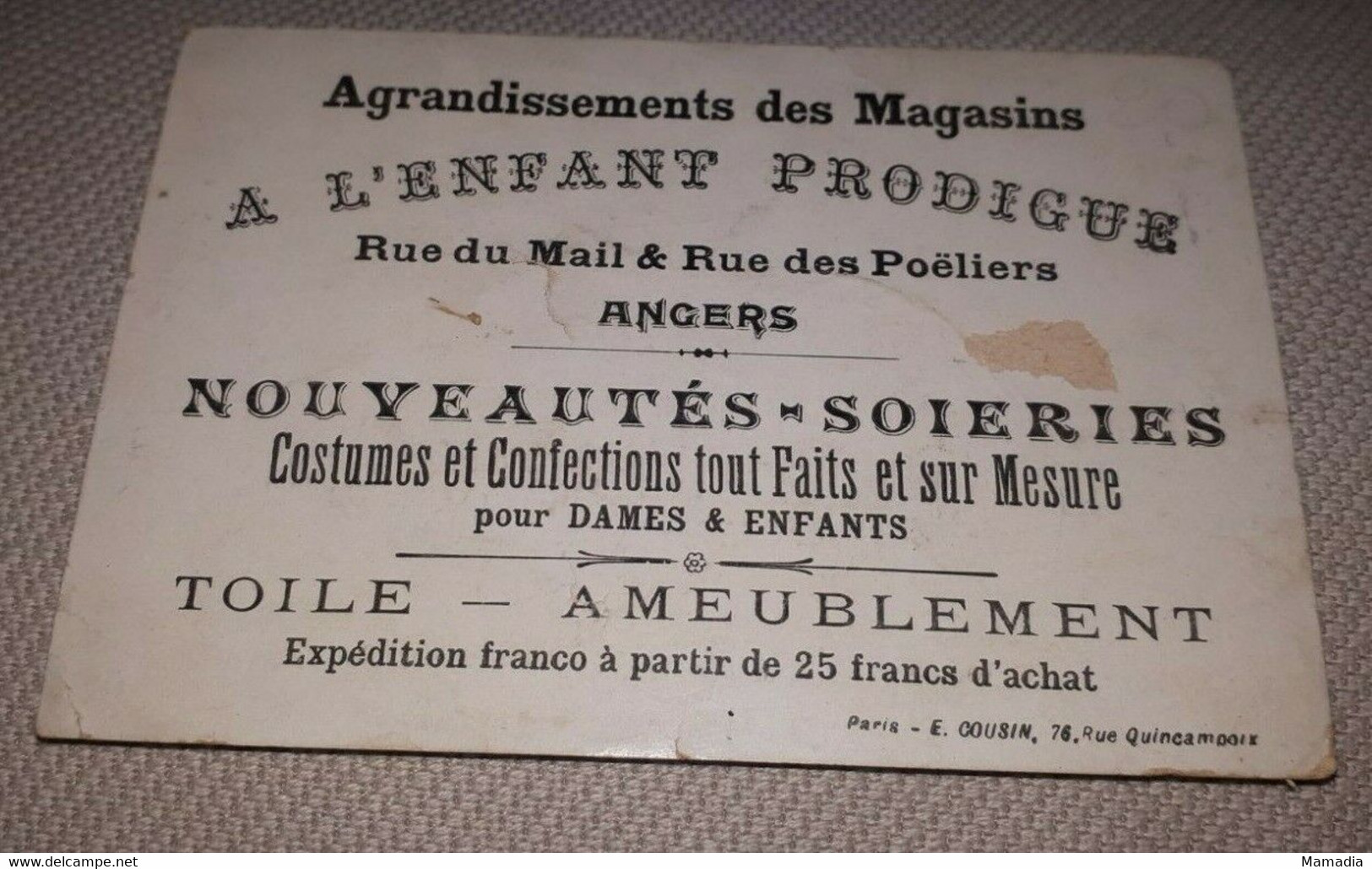 CHROMO VELO MAGASIN A L'ENFANT PRODIGUE ANGERS CYCLE CYCLISME 1880-1890 - Andere & Zonder Classificatie