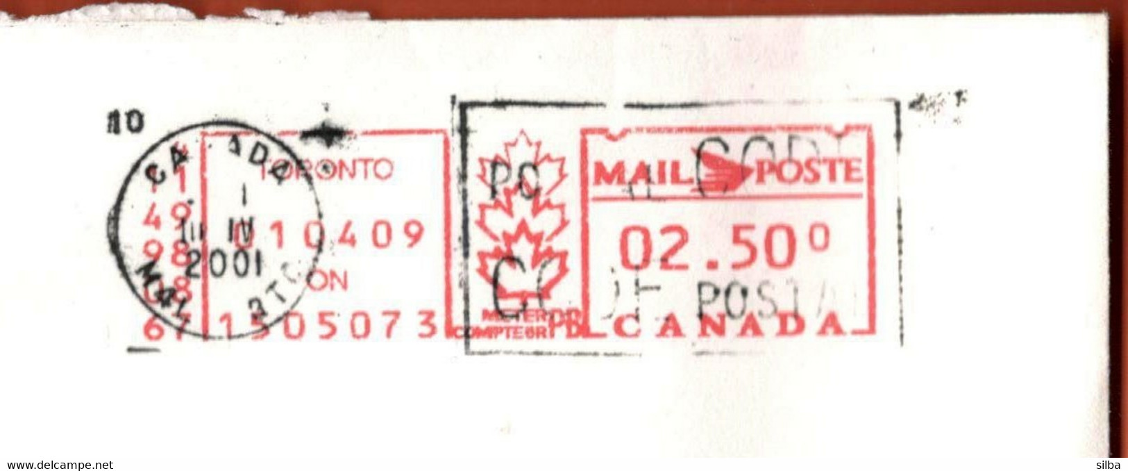 Canada Toronto 2001 / Post Machine Printed Stamp, Red / Machine Stamp - Briefe U. Dokumente