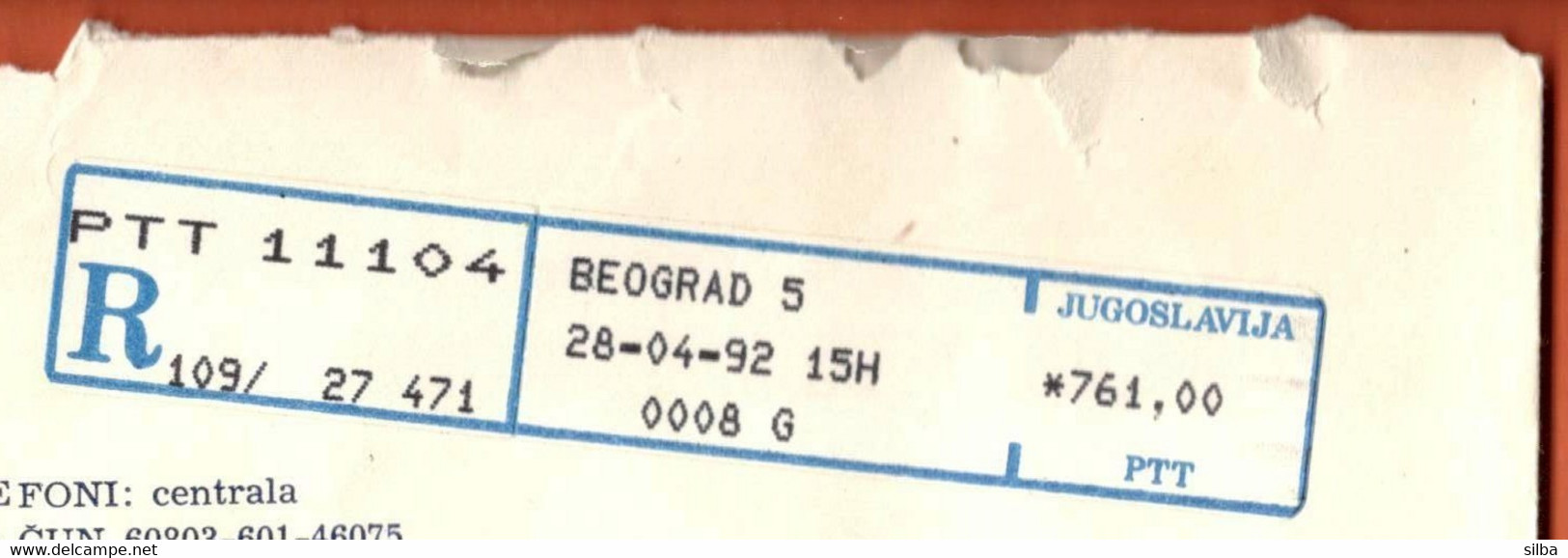 Yugoslavia Serbia Belgrade 1992 / Post Machine Printed Sticker Stamp, Label, ATM / Blue / Post Office Beograd 11104 - Briefe U. Dokumente