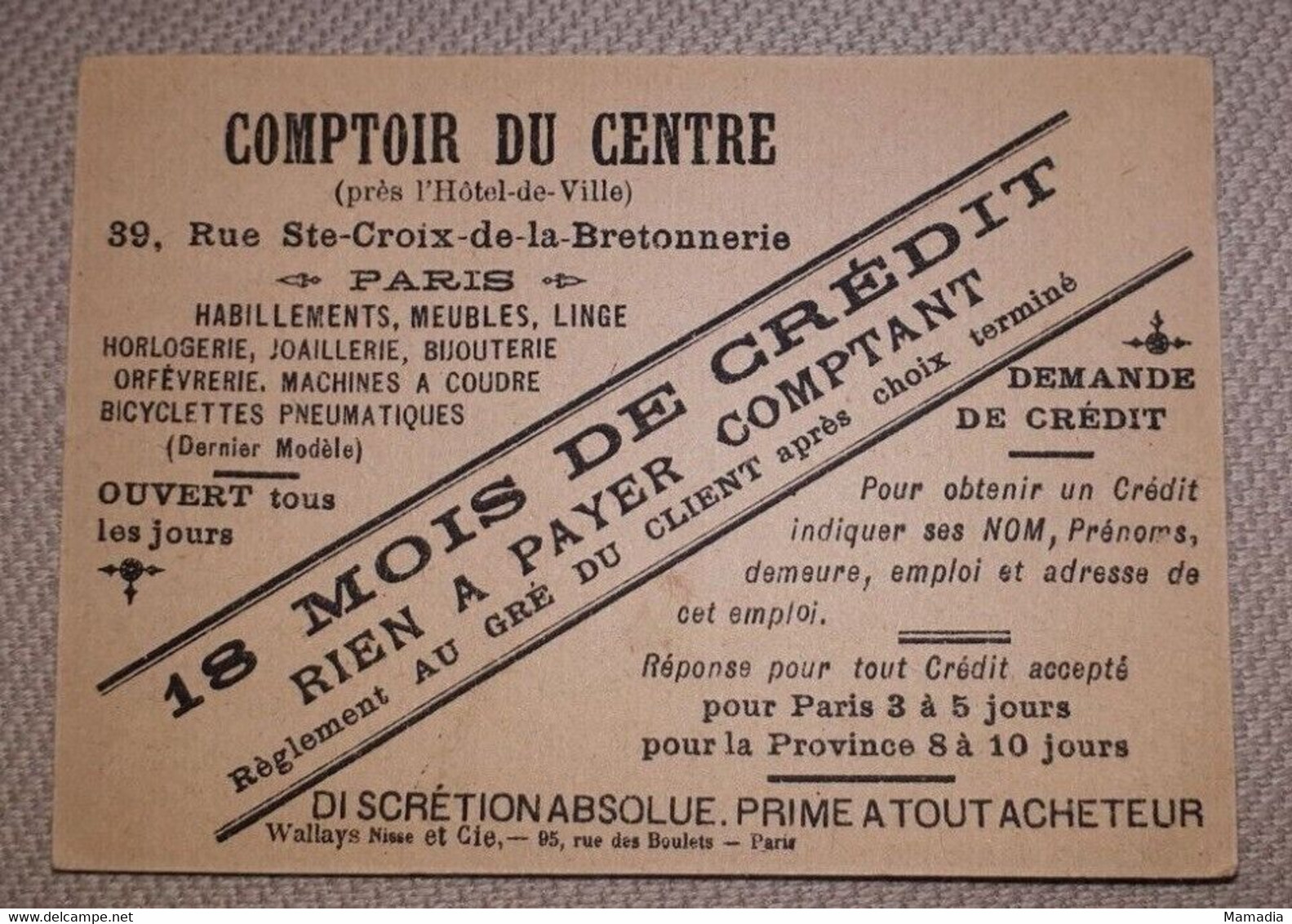 CHROMO VELO MAGASIN COMPTOIR DU CENTRE CYCLE CYCLISME 1890-1900 - Autres & Non Classés