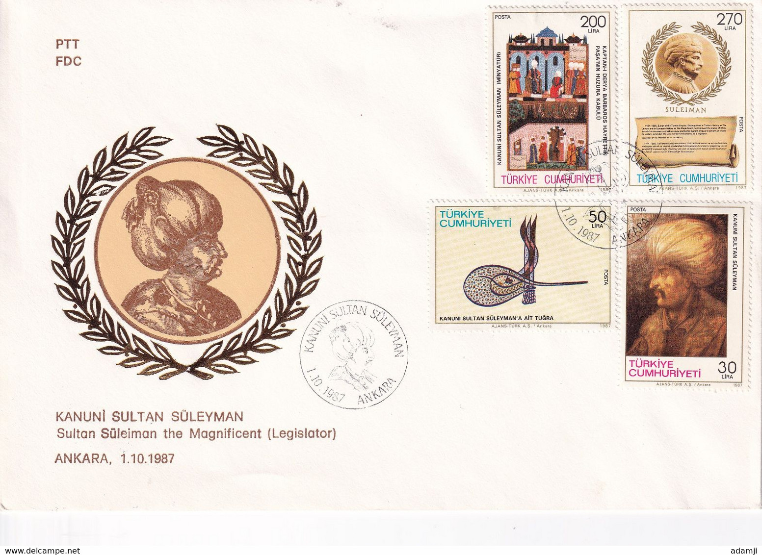 TURKEY 1987 SULTAN SULEIMAN THE MAGNIFICENT (LEGISLATOR) FDC. - Covers & Documents