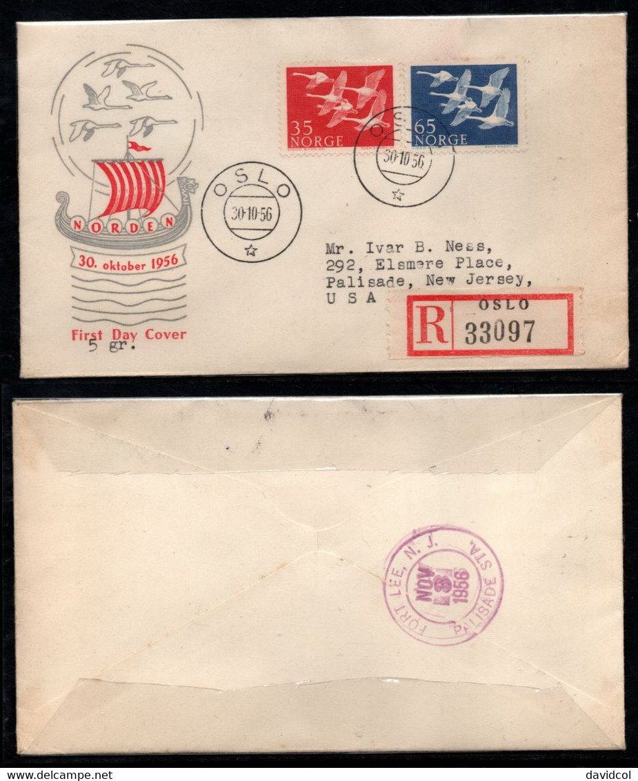 CA076- COVERAUCTION!!! - NORWAY 1956 - OSLO 3-10-56, REGISTERED TO NEW JERSEYNOV-3-56 - WHOPPER SWANS - Brieven En Documenten