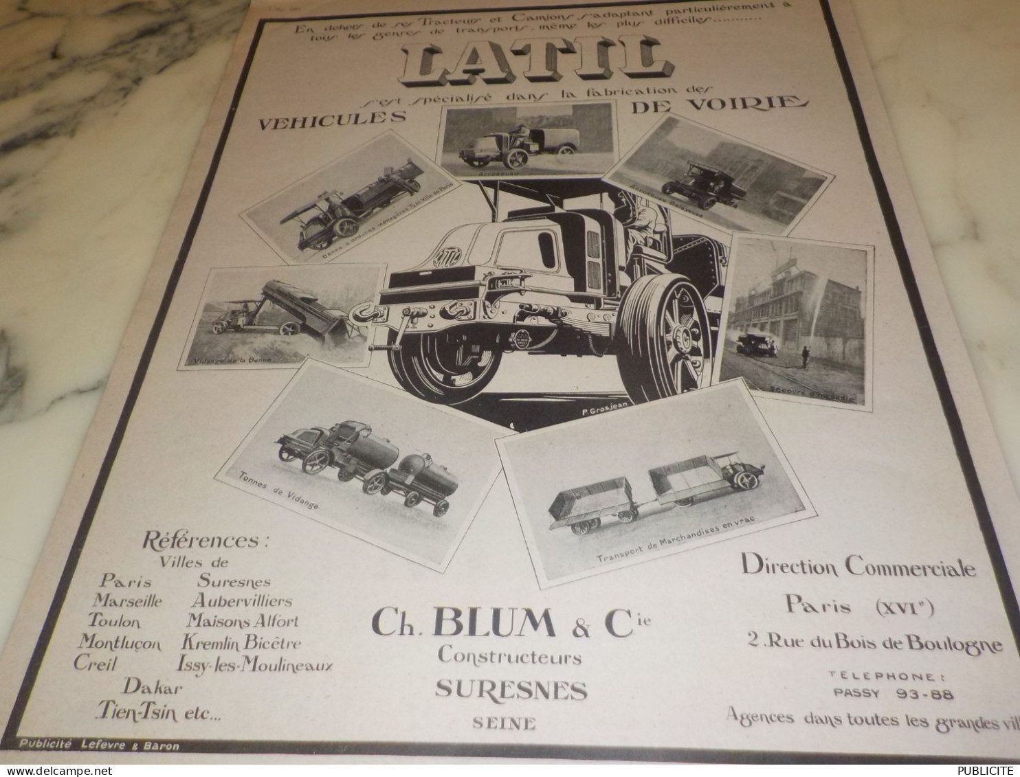 ANCIENNE PUBLICITE VEHICULES DE VOIRIE LATIL 1921 - Camions