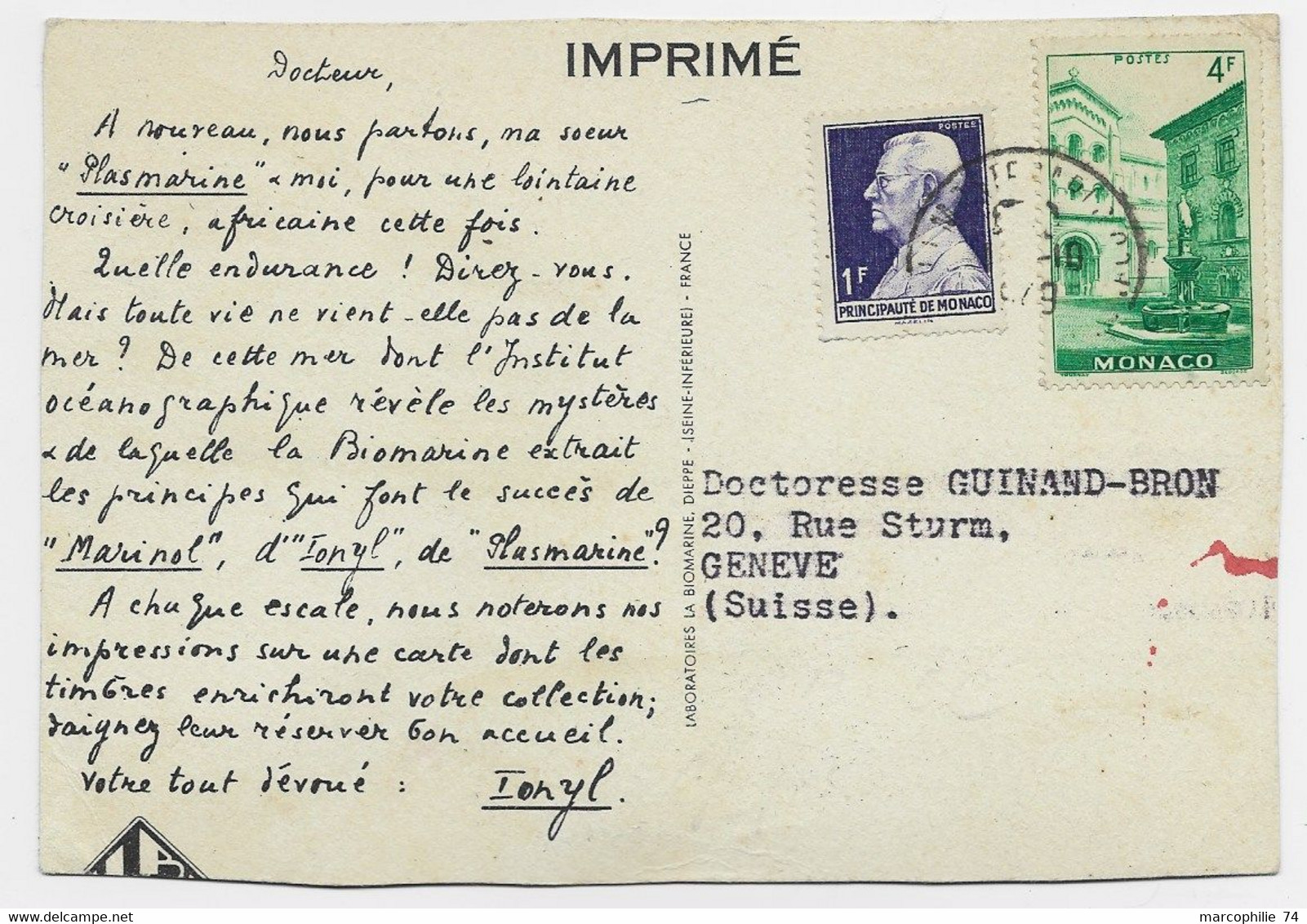 MONACO 4FR+1FR CARTE PUB IONYL MAUVAISE DECOUPE ?? MONTE CARLO 1949 POUR SUISSE RARE POUR ETRANGER - Cartas & Documentos