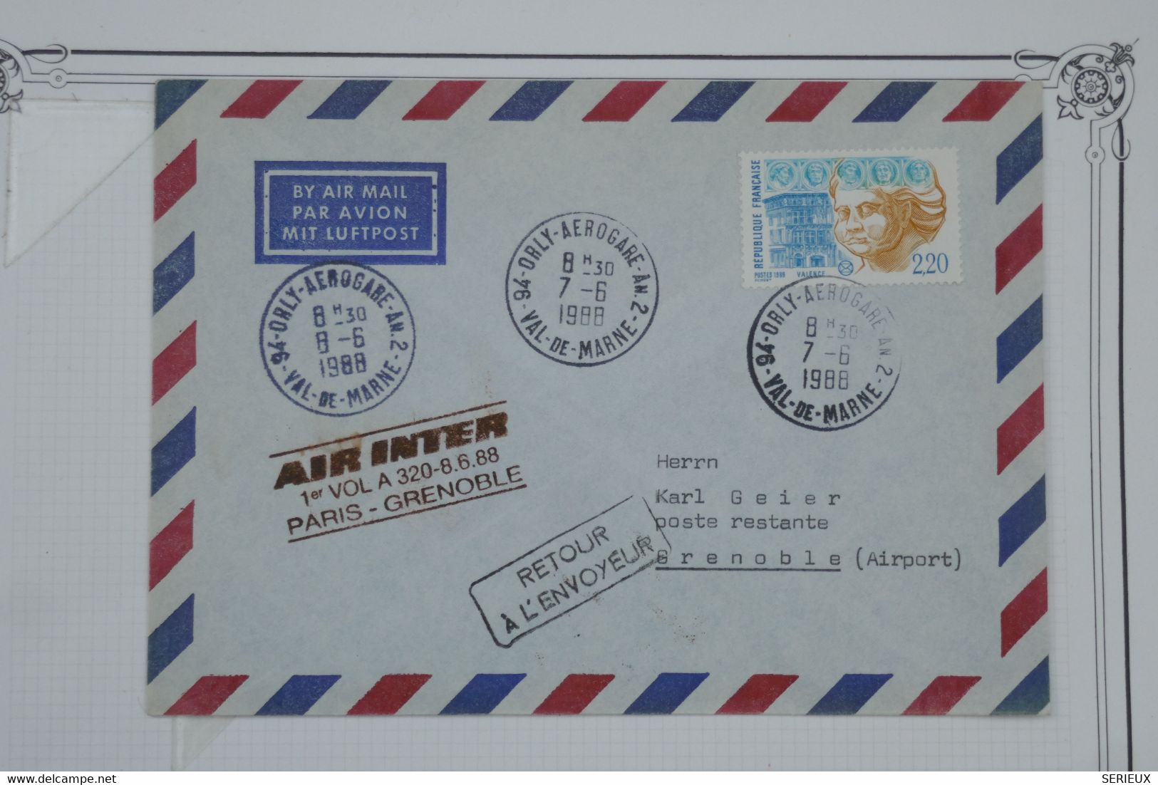 BF7 FRANCE  BELLE LETTRE 1988 1ER VOL AIR INTER PARIS GRENOBLE+ AFFRANCH. PLAISANT - Primeros Vuelos