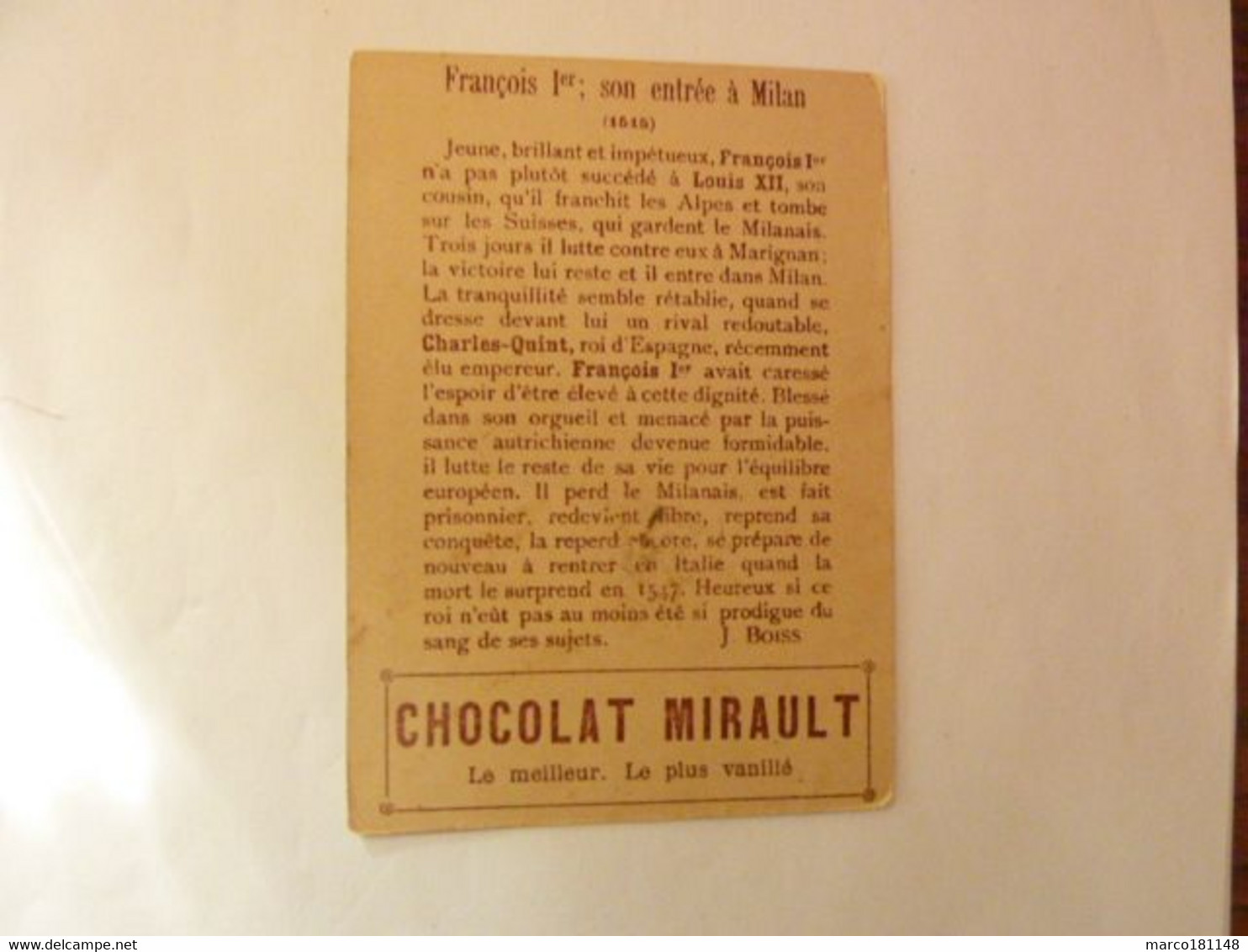 François Ier - Son Entrée à Milan (1515) - Publicité Chocolat MIRAULT - Histoire