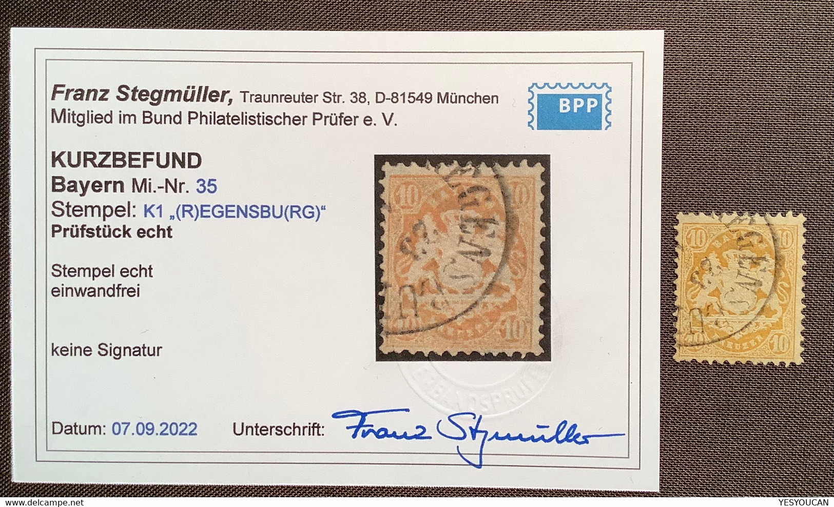 Mi 35 TADELLOS SELTENES WZ WELLENLINIEN Geprüft KB Stegmüller BPP, Bayern 1875 10 Kr Stpl REGENSBURG  (Baviére - Used