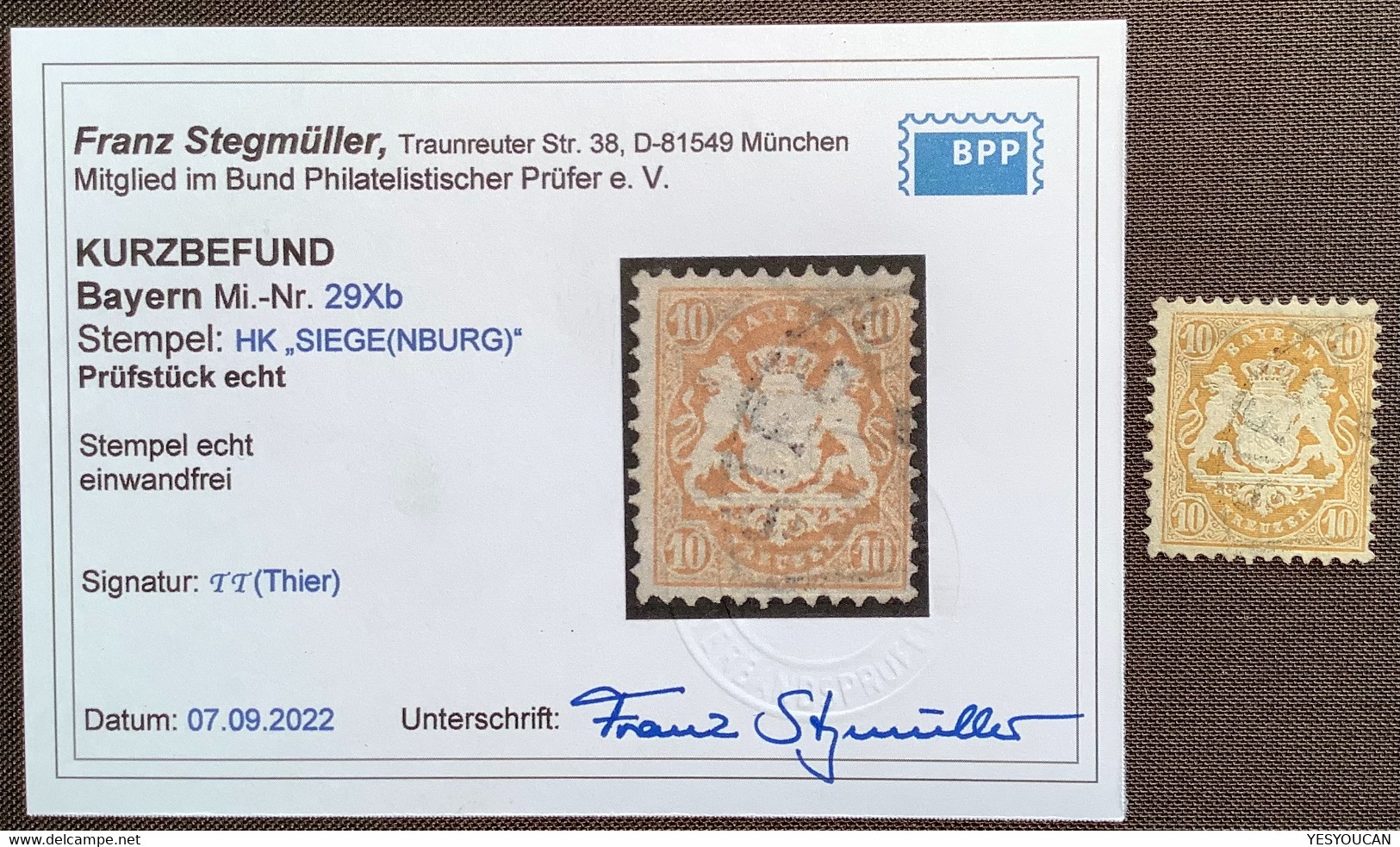 Mi 29 Xb TADELLOS SELTENES WZ ENGE RAUTEN Geprüft KB Stegmüller BPP, Bayern 1873 10 Kr SIEGENBURG (Baviére Yv 28 I - Oblitérés