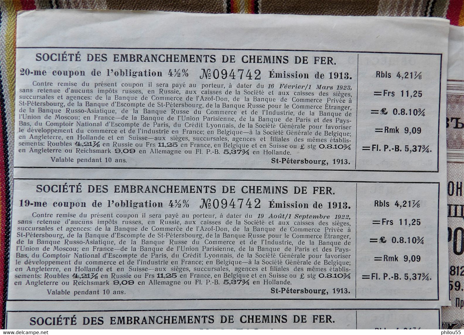 EMPRUNT SOCIETE DES EMBRANCHEMENTS DE CHEMINS DE FER   4 1/2 % 1913 - Russland