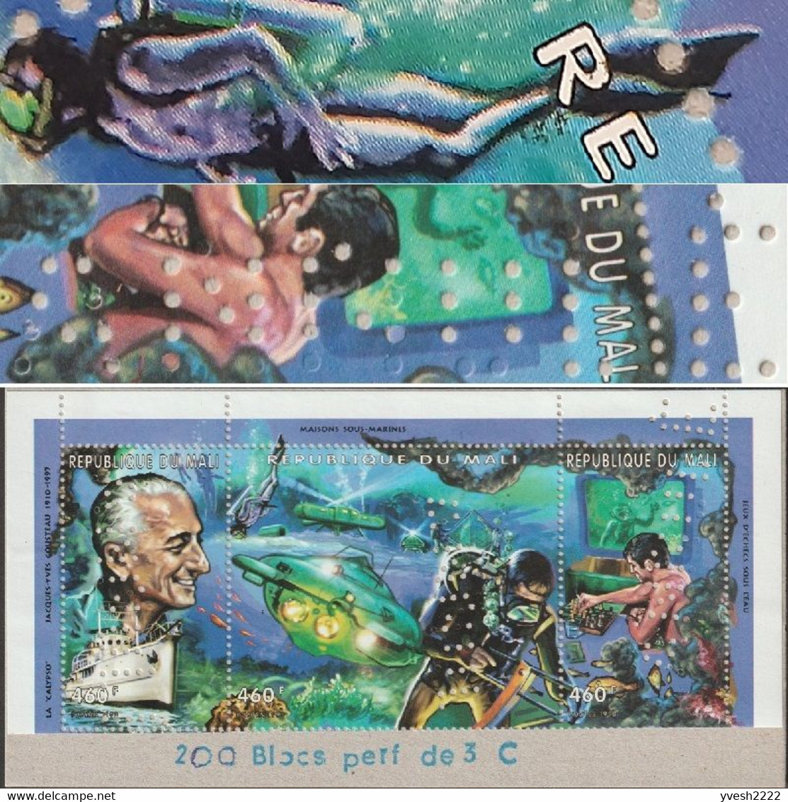 Guinée 1998 Y&T 1366/8. Feuillet Dentelé Perforé  « Annulé ». Cousteau, Plongeurs, Sous-marin, Corail, échecs, Tabac - Duiken