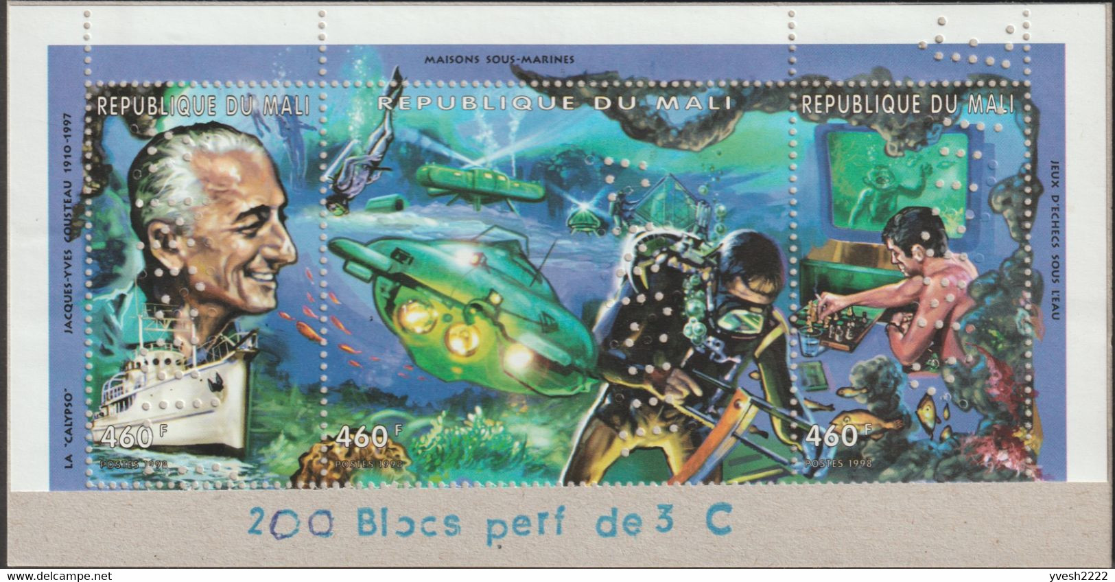 Guinée 1998 Y&T 1366/8. Feuillet Dentelé Perforé  « Annulé ». Cousteau, Plongeurs, Sous-marin, Corail, échecs, Tabac - Immersione