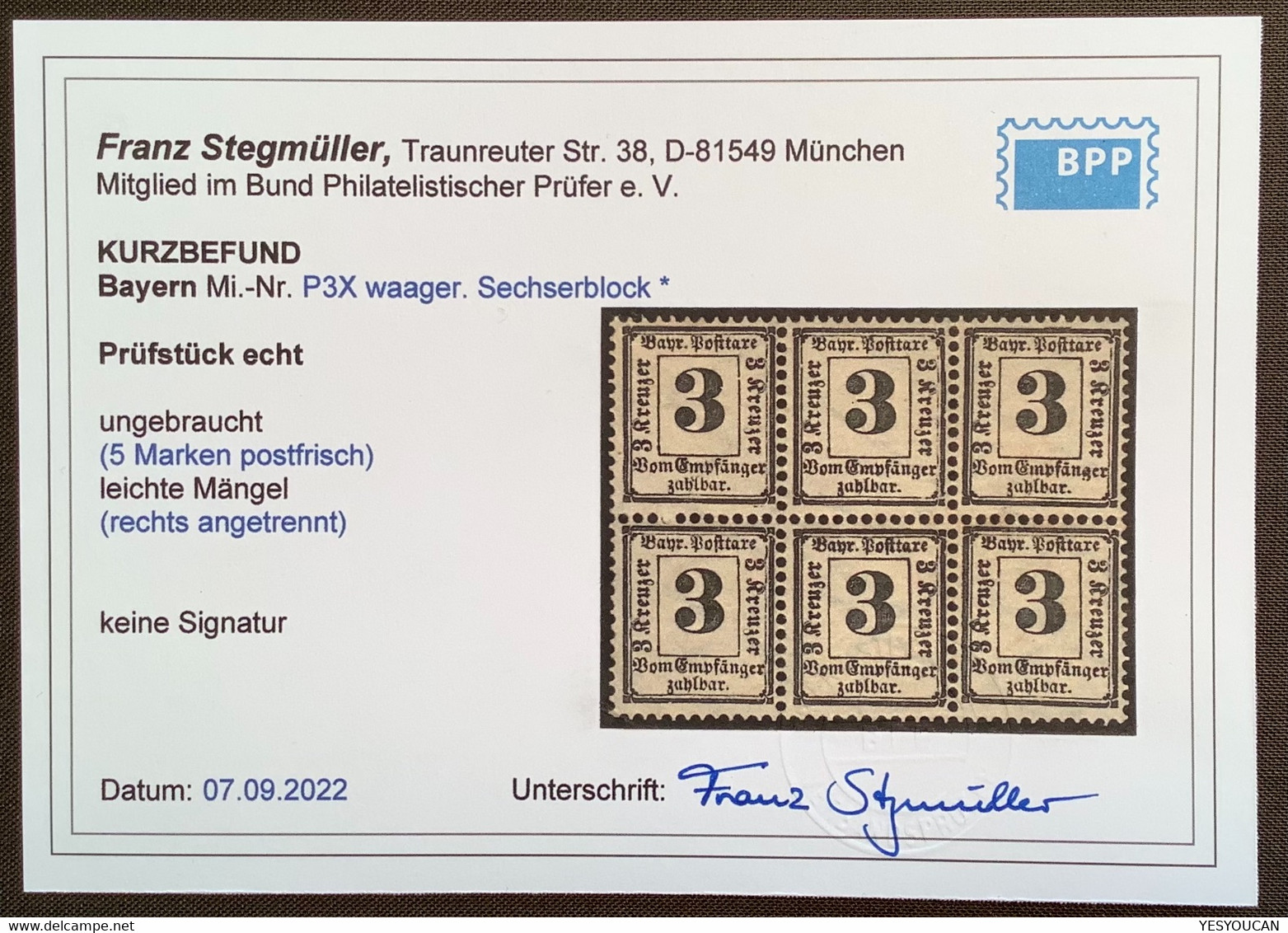 Mi.P3X SELTENER 6er BLOCK  POSTFRISCH ** Stegmüller BPP, Bayern Portomarke 1870 3 Kr (Bavaria Postage Due MNH Bloc Taxe - Postfris