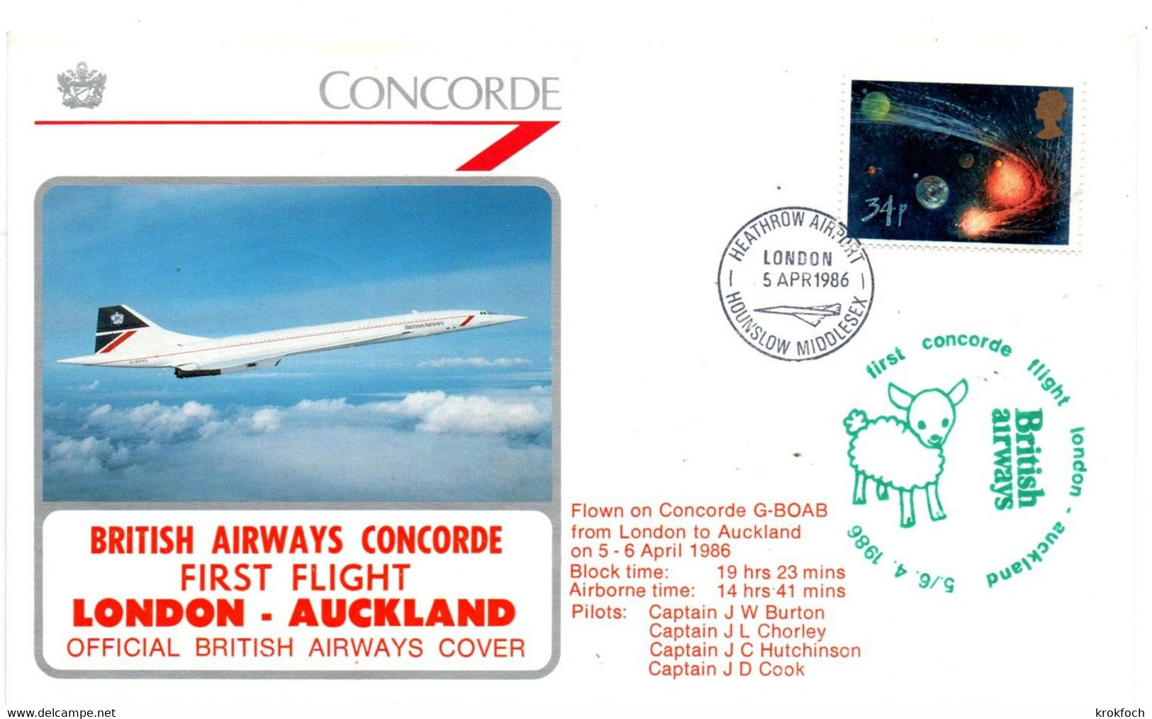 Concorde BA - London Auckland NZ 1986 - First Flight 1er Vol Erstflug - Sheep Mouton - Storia Postale