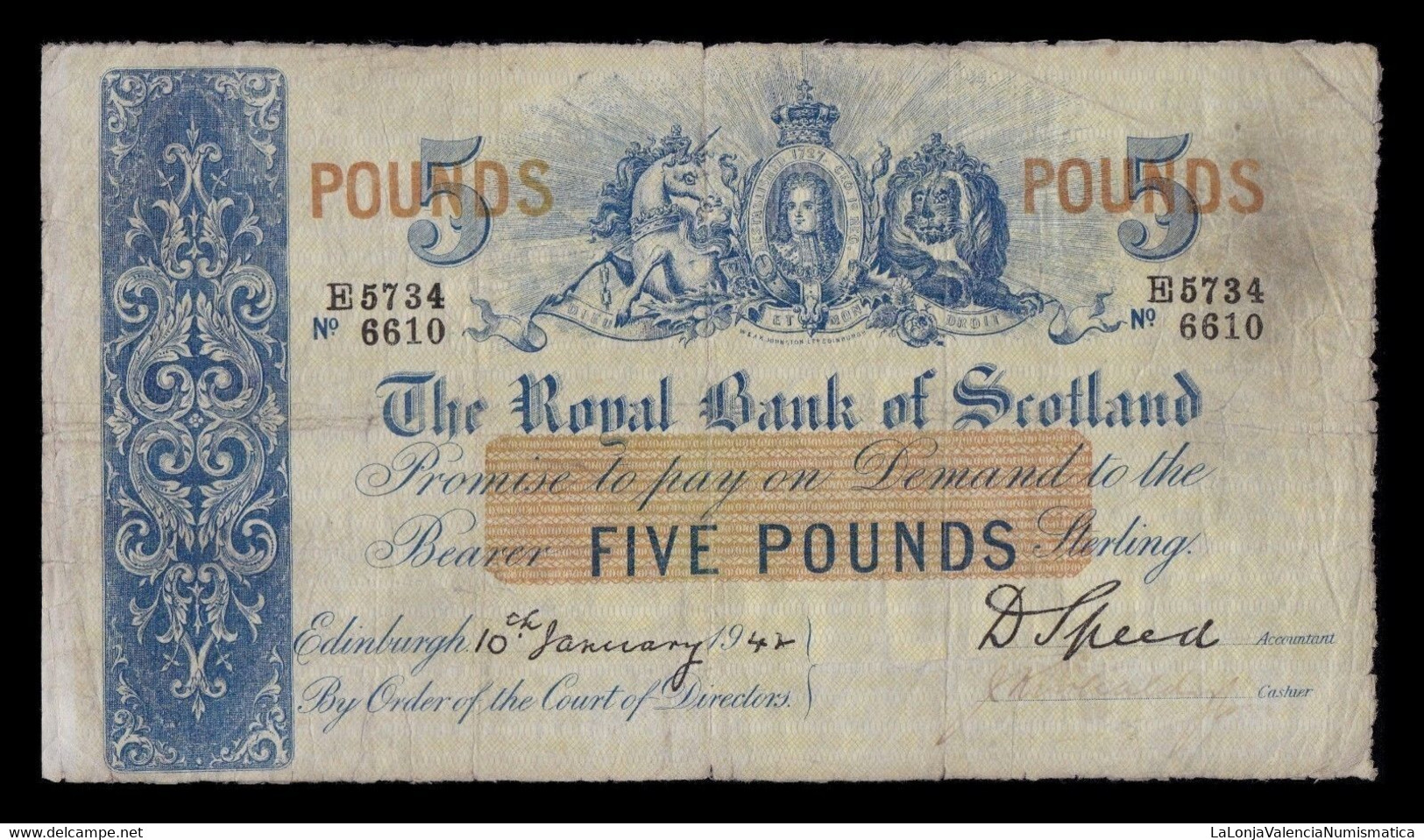 Escocia Scotland 5 Pounds 1947 Pick 317c BC+ F+ - 5 Pounds