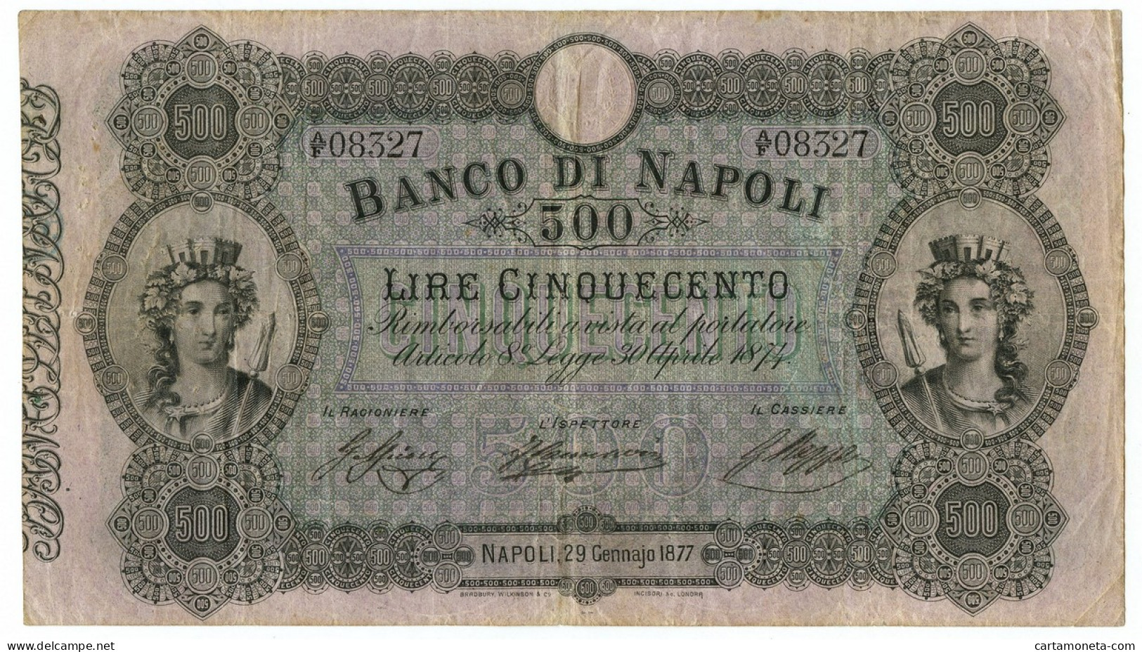 500 LIRE BANCO DI NAPOLI BIGLIETTO AL PORTATORE 29/01/1877 BB - Altri & Non Classificati