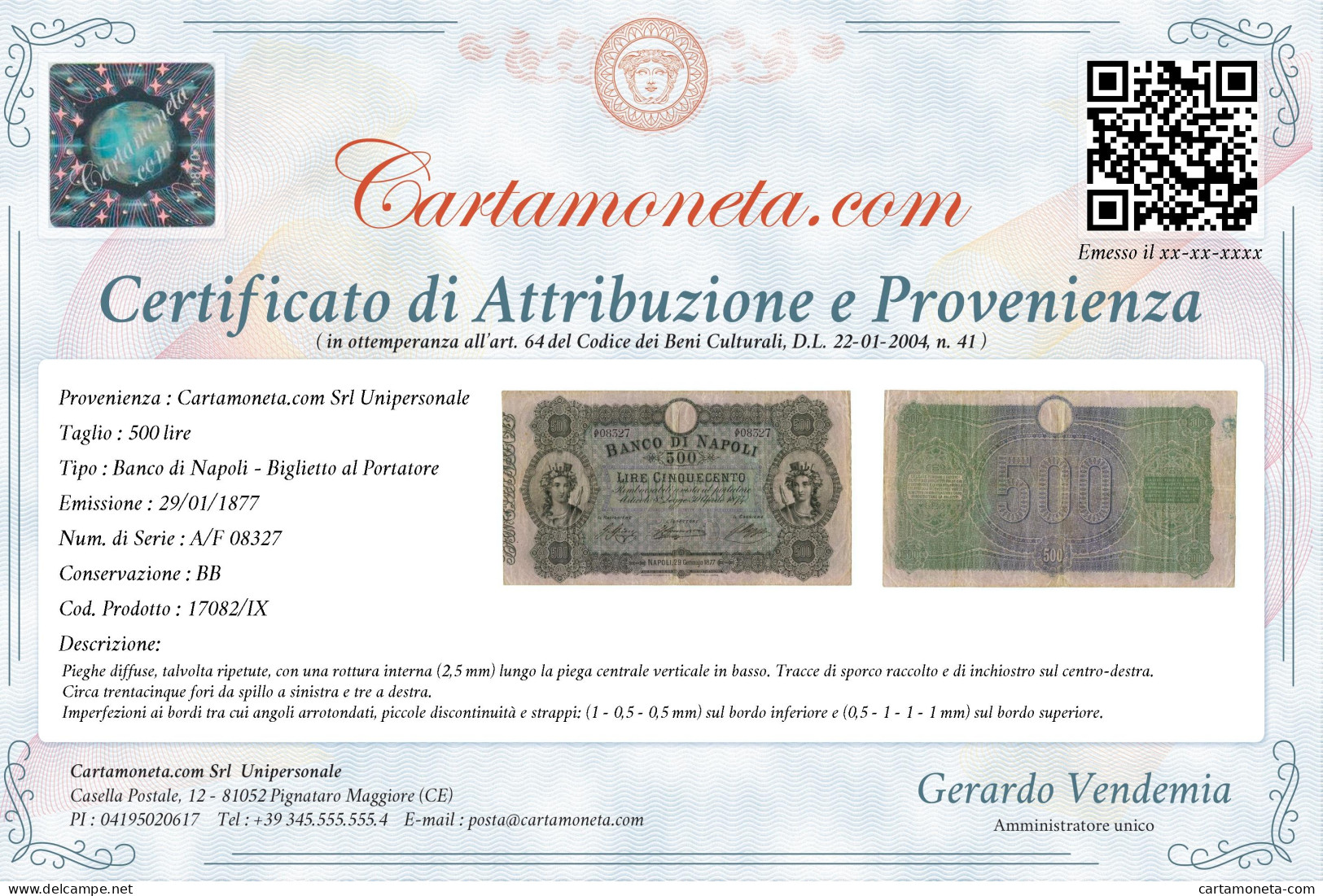 500 LIRE BANCO DI NAPOLI BIGLIETTO AL PORTATORE 29/01/1877 BB - Sonstige & Ohne Zuordnung