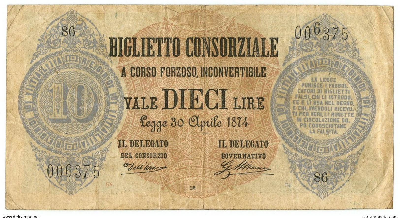 10 LIRE BIGLIETTO CONSORZIALE REGNO D'ITALIA 30/04/1874 BB - Biglietti Consorziale