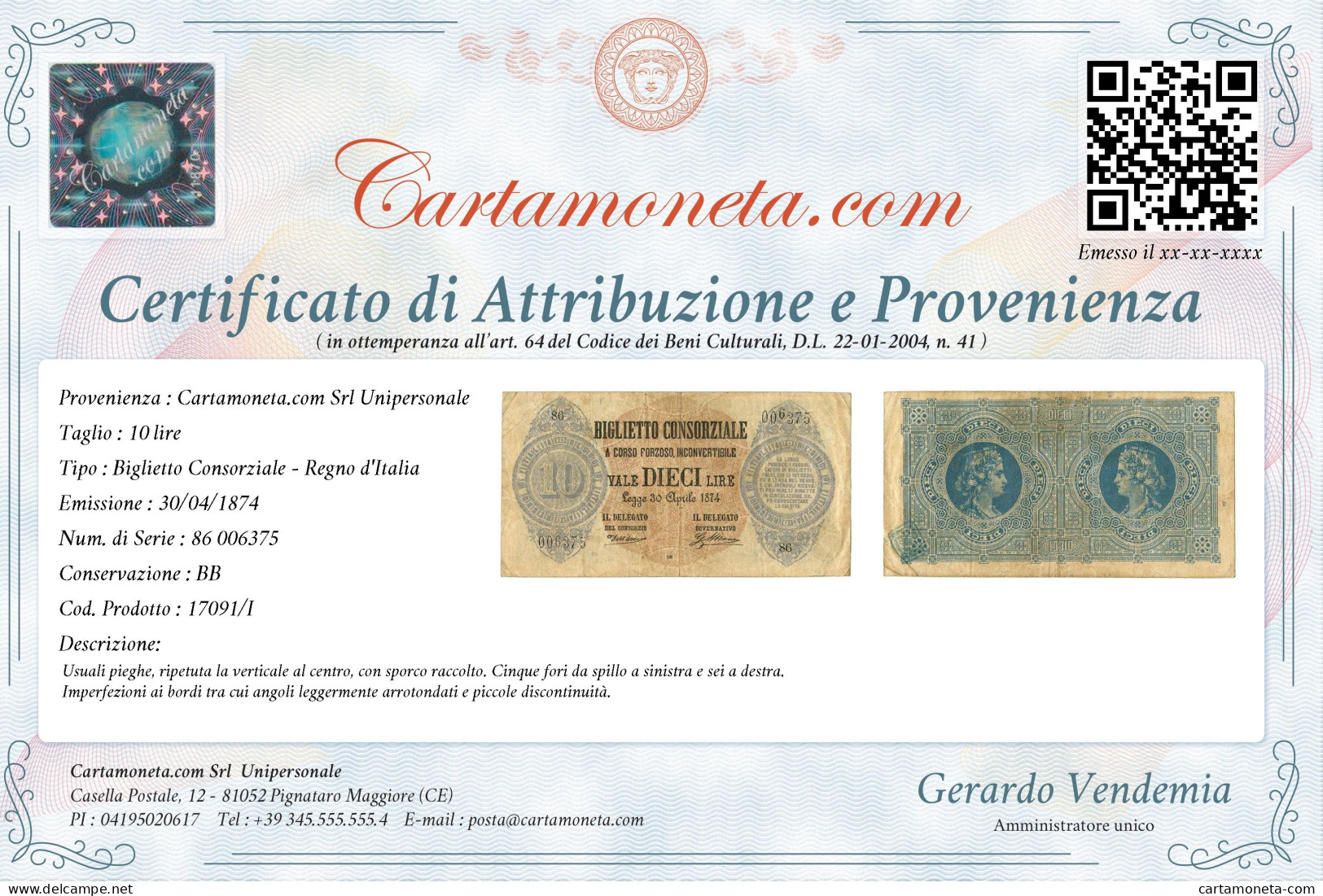 10 LIRE BIGLIETTO CONSORZIALE REGNO D'ITALIA 30/04/1874 BB - Biglietto Consorziale