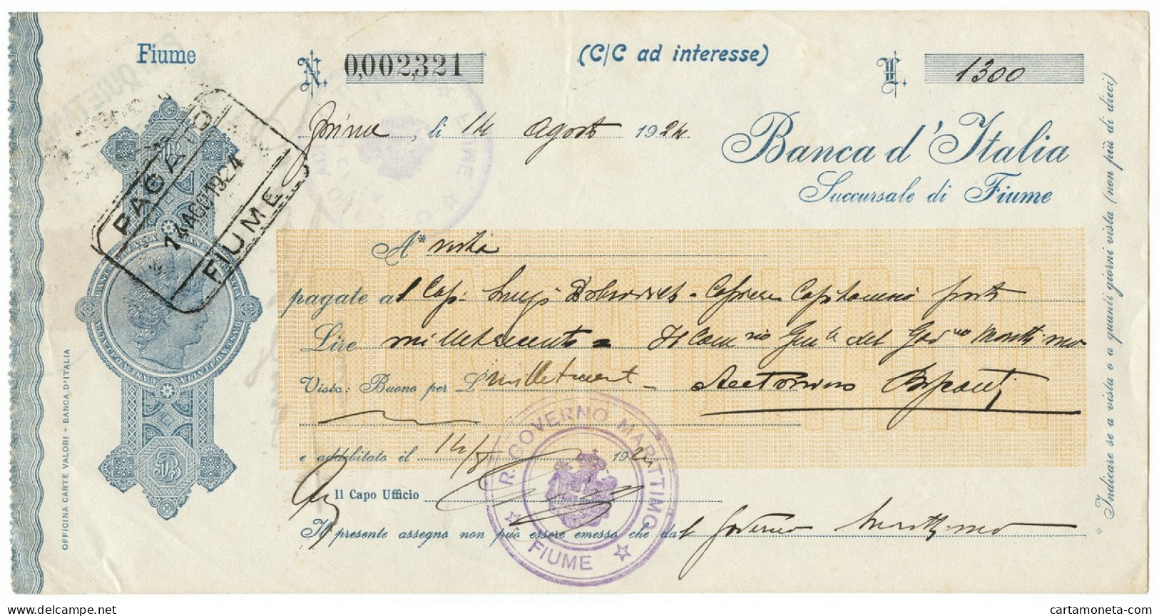 1300 LIRE BANCA D'ITALIA FILIALE DI FIUME GIALLO C/C AD INTERESSE 1924 BB/SPL - Sonstige & Ohne Zuordnung