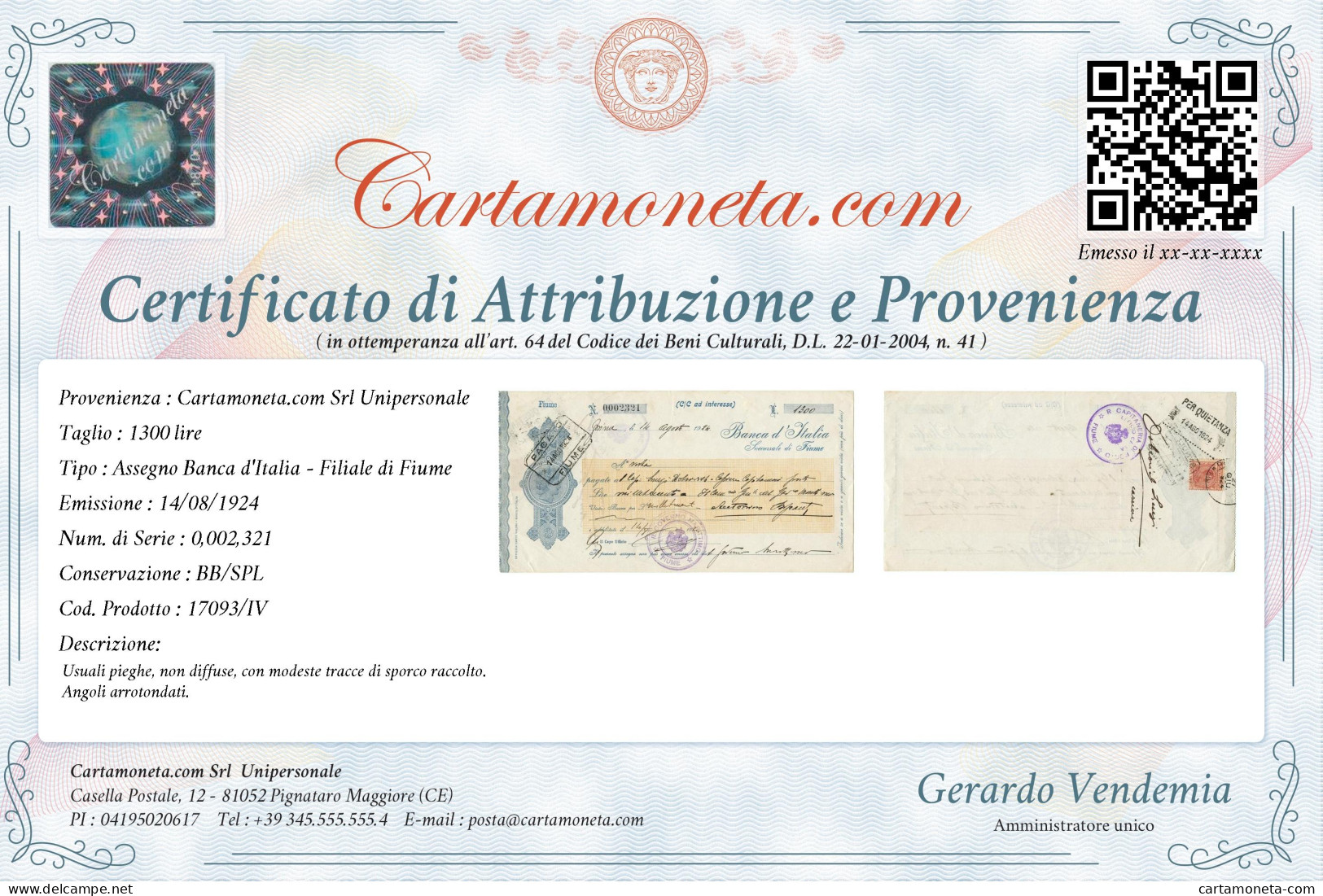 1300 LIRE BANCA D'ITALIA FILIALE DI FIUME GIALLO C/C AD INTERESSE 1924 BB/SPL - Other & Unclassified