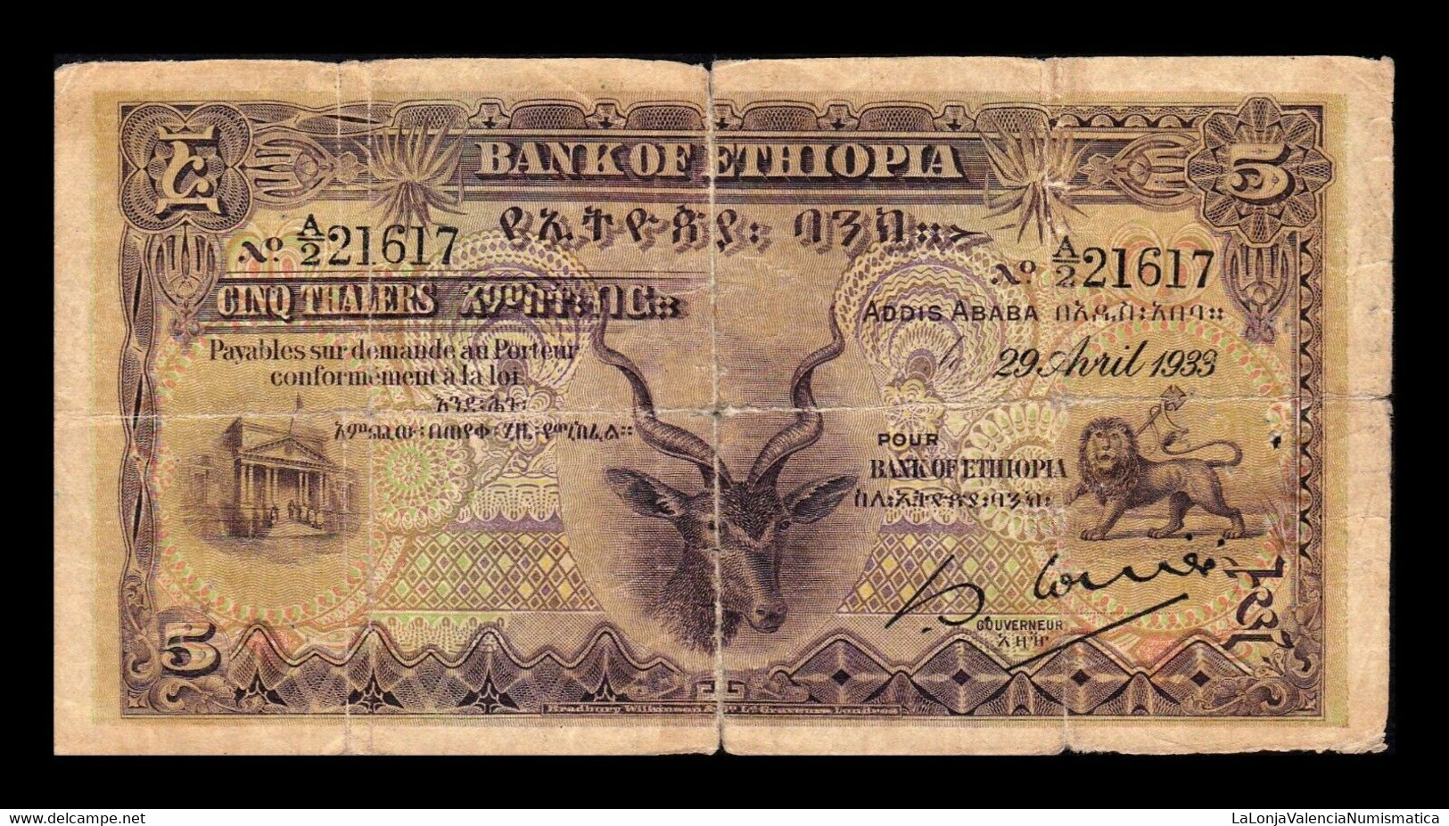 Etiopia Ethiopia 5 Thalers 1933 Pick 7 BC F - Etiopía