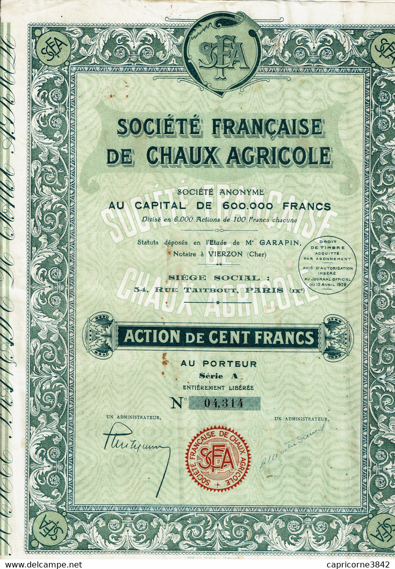 Actions De LA SOCIETE FRANCAISE DE CHAUX AGRICOLE - Siège Social à Paris - Feuille Complète - Pliée - Agriculture