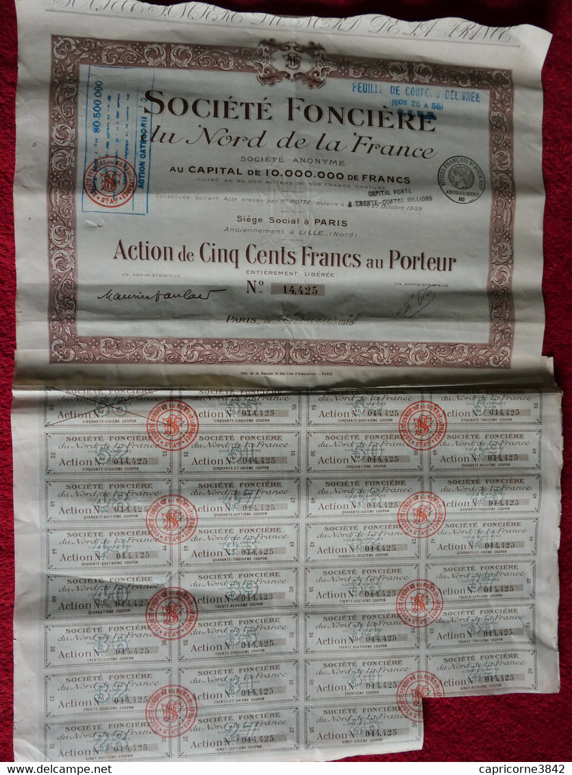 1928 -Action De SOCIETE FONCIERE DU NORD DE LA FRANCE  -Siège Social à Paris -Feuille Complète Moins 1 Coupon -Pliée - Bank En Verzekering