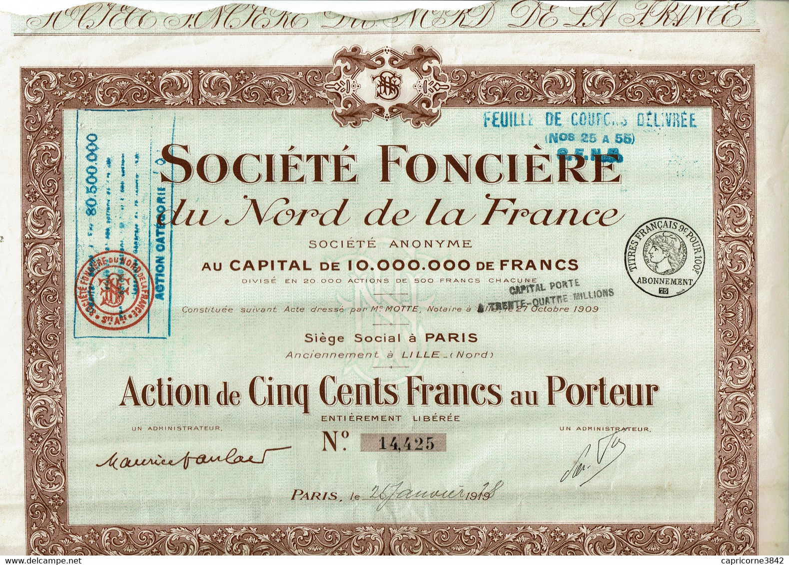 1928 -Action De SOCIETE FONCIERE DU NORD DE LA FRANCE  -Siège Social à Paris -Feuille Complète Moins 1 Coupon -Pliée - Banque & Assurance