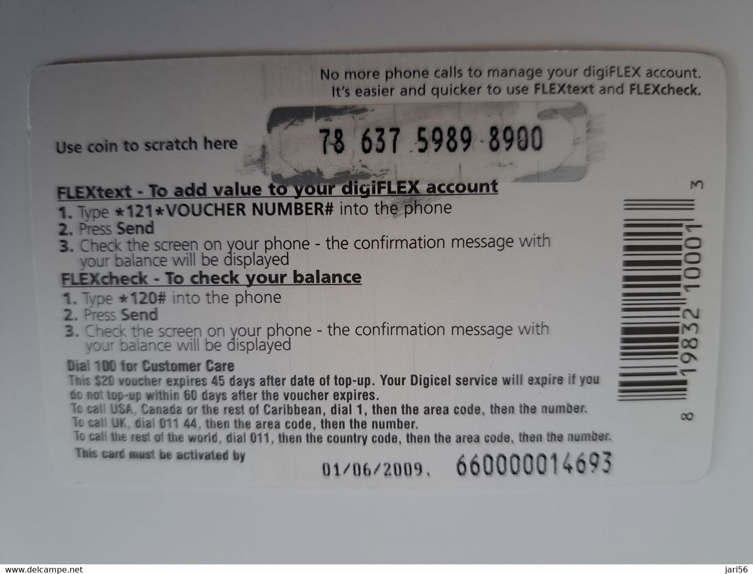 BARBADOS   $20 DIGI CEL FLEXCARD GAMING STONES   01-06- 2009  Prepaid Fine Used Card  **11389 ** - Barbados