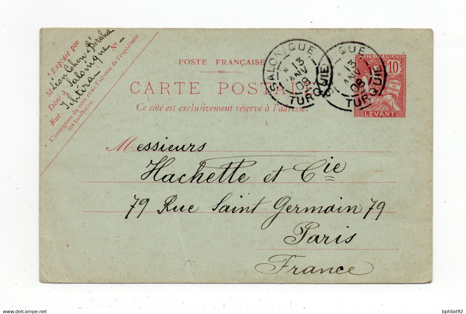 !!! ENTIER POSTAL DU LEVANT, CACHET DE SALONIQUE DE 1908 - Covers & Documents