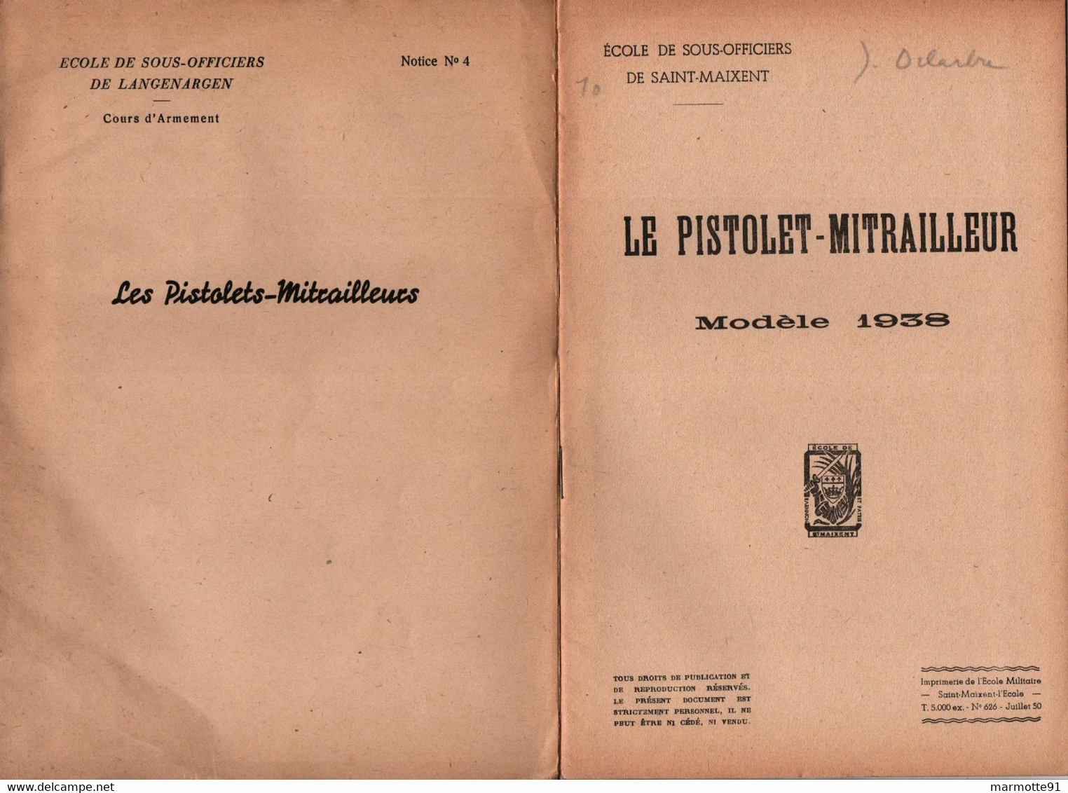 MANUEL ECOLE SOUS OFFICIERS LANGENARGEN SAINT MAIXENT  PISTOLET MITRAILLEUR MOD. 1938 THOMPSON - Armes Neutralisées
