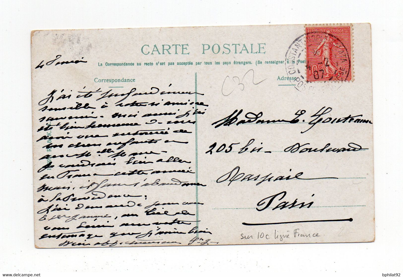 !!! 10c SEMEUSE LIGNEE DE FRANCE SUR CPA POUR PARIS, CACHET DE CONSTANTINOPLE DU 4/2/1907 - Covers & Documents