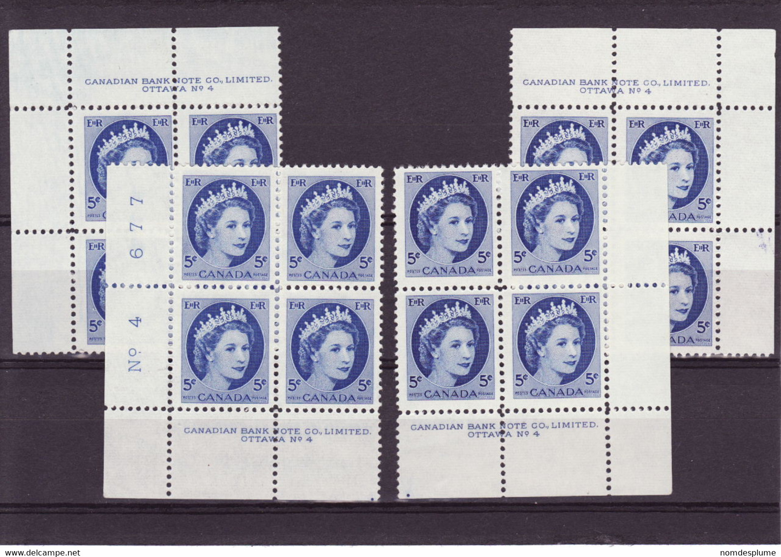 7922) Canada QE II Wilding Block Mint Light Hinge Plate 4 - Plate Number & Inscriptions