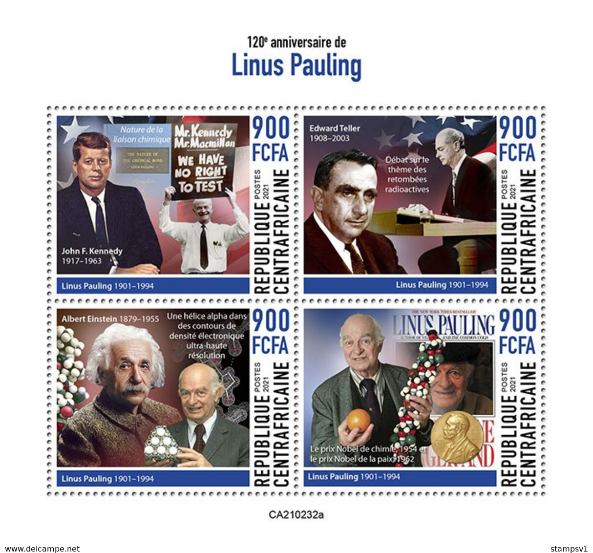 Central Africa 2021 Linus Pauling.  Albert Einstein. (232a) OFFICIAL ISSUE - Albert Einstein