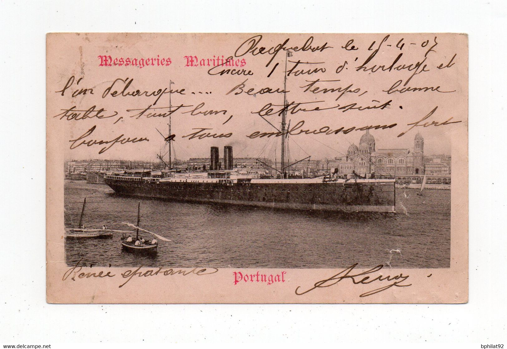 !!! CPA ECRITE A BORD DU PAQUEBOT PORTUGAL ET POSTEE A  ALEXANDRIE EN 1907 AFFRANCH 10C SEMEUSE LIGNEE - Storia Postale