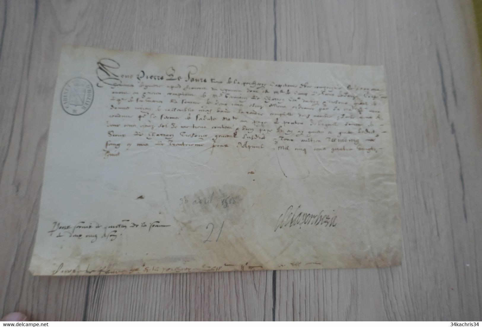 Guerre Pièce Signée Sur Velin La Faure 30 Avril 1588 Paiement à Un Charron - Autres & Non Classés