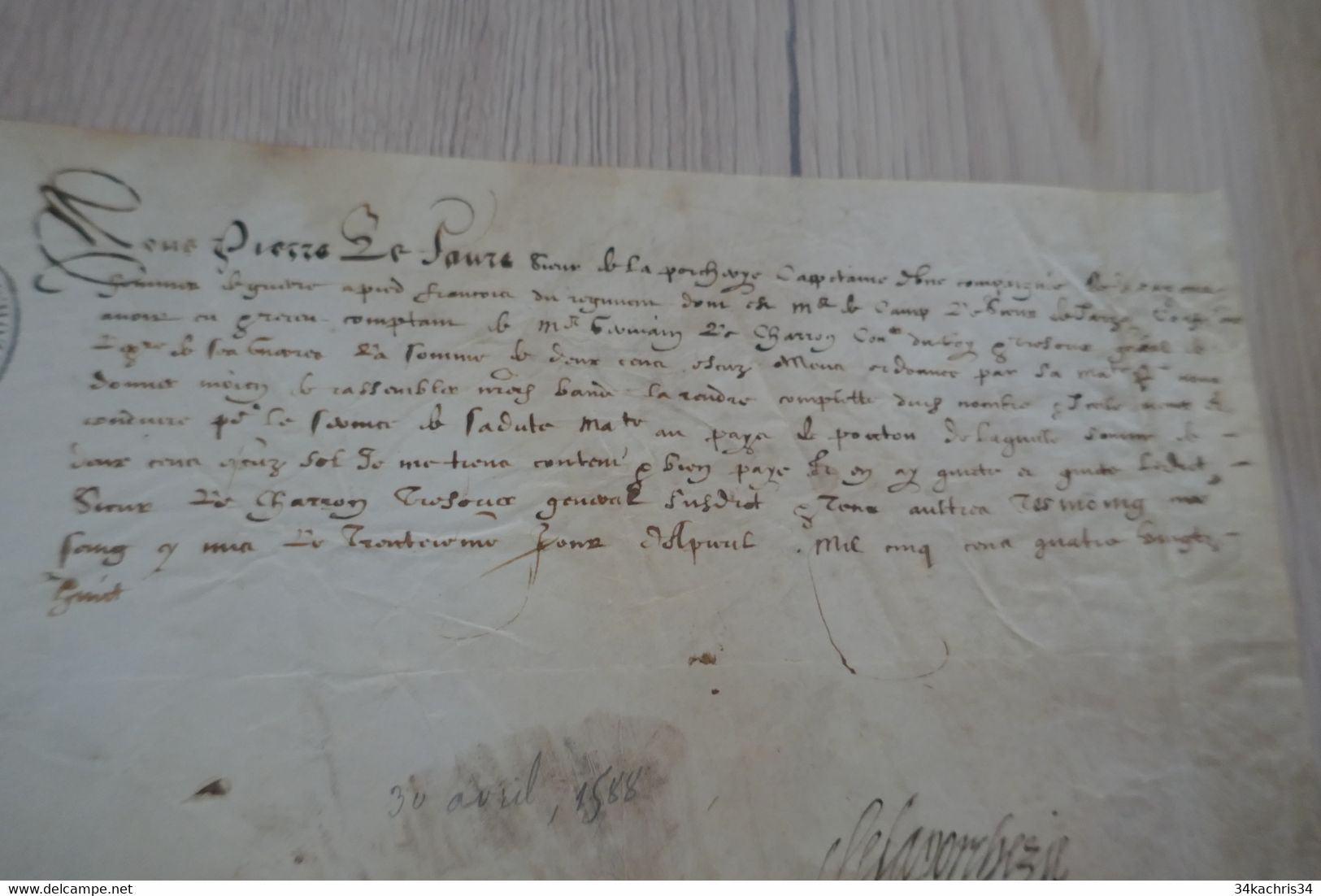 Guerre Pièce Signée Sur Velin La Faure 30 Avril 1588 Paiement à Un Charron - Autres & Non Classés