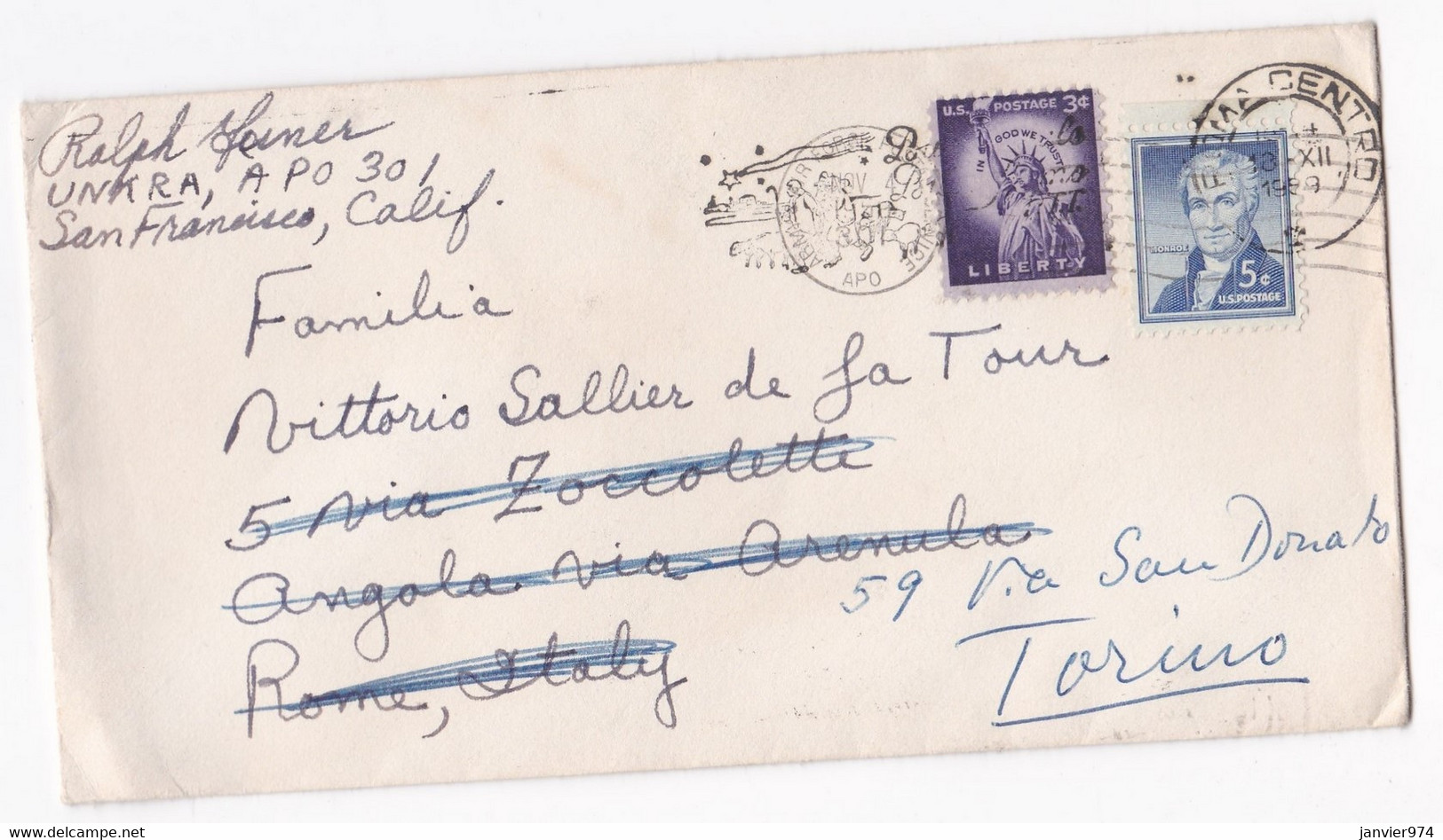 Enveloppe 1959 San Francisco Californie Pour Turin Italie , 2 Timbres - Covers & Documents