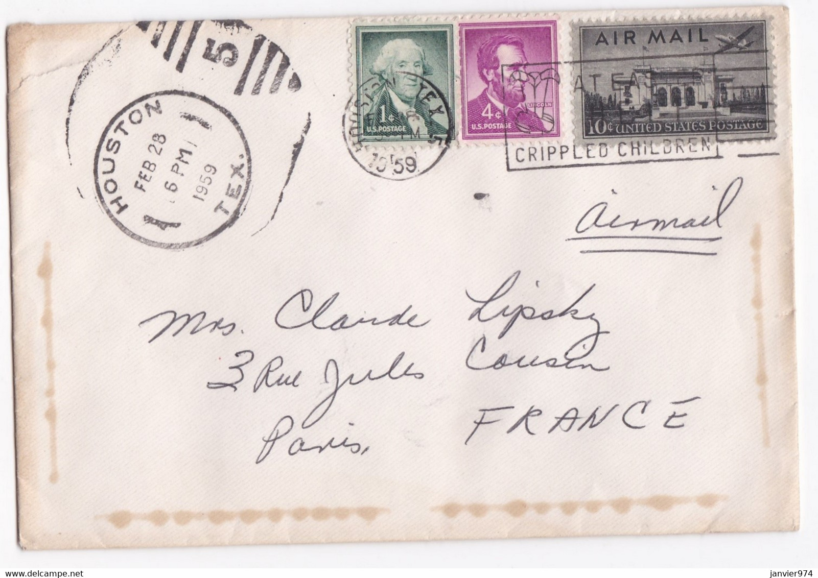 Enveloppe 1959 Houston Texas Pour Paris France , 3 Timbres - Briefe U. Dokumente