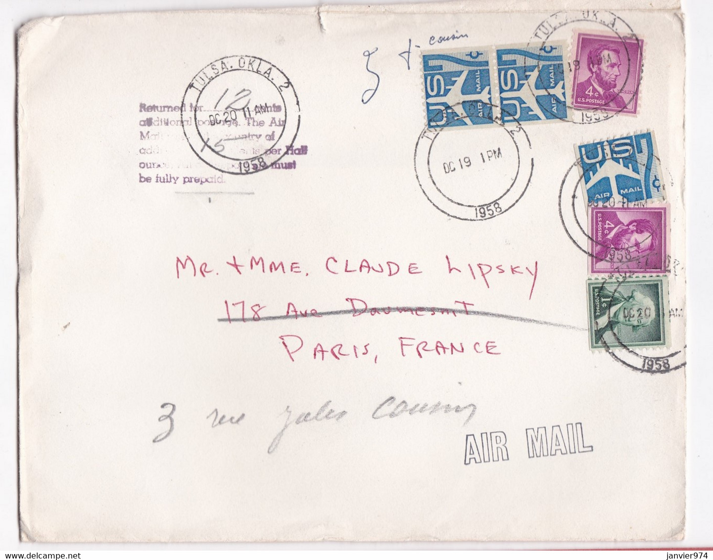 Enveloppe 1958 Tulsa Oklahoma Pour Paris France , 6 Timbres - Brieven En Documenten