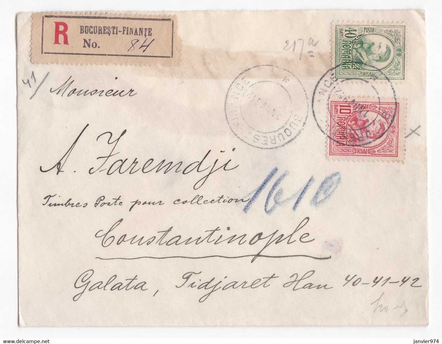 Enveloppe Recommandé Bucuresti-Finante 1912 Pour Constantinople , 2 Timbres - Storia Postale