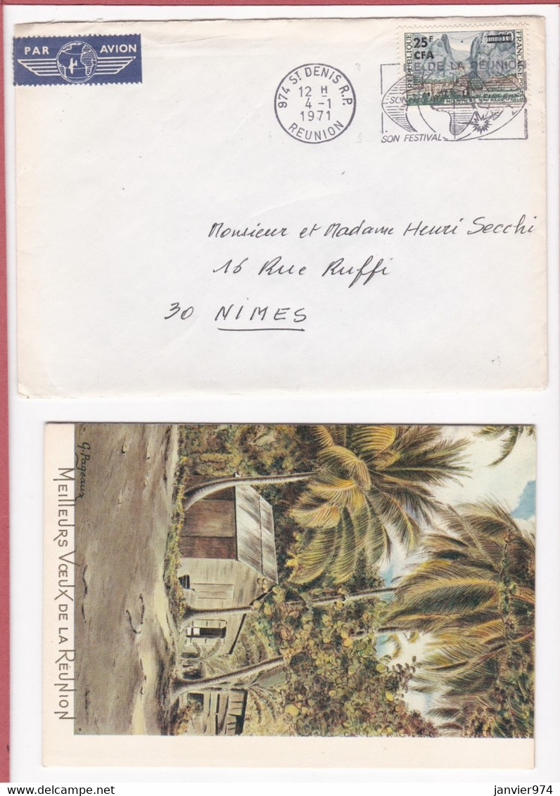 Enveloppe + Carte De Vœux 1971 Couturaud Du Lycée Leconte De Lisle Saint Denis Pour Secchi à Nîmes - Cartas & Documentos